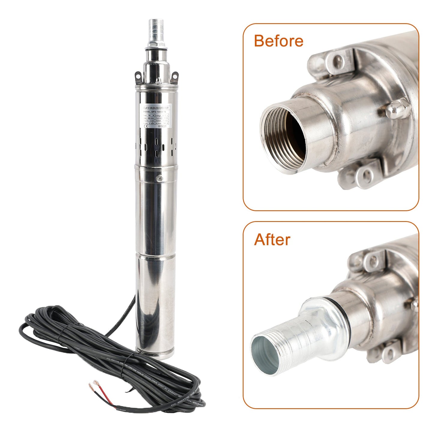 750W 48V Solar Submersible Borehole Water Pump with MPPT – Deep Well Screw Pump, Max Head 140M