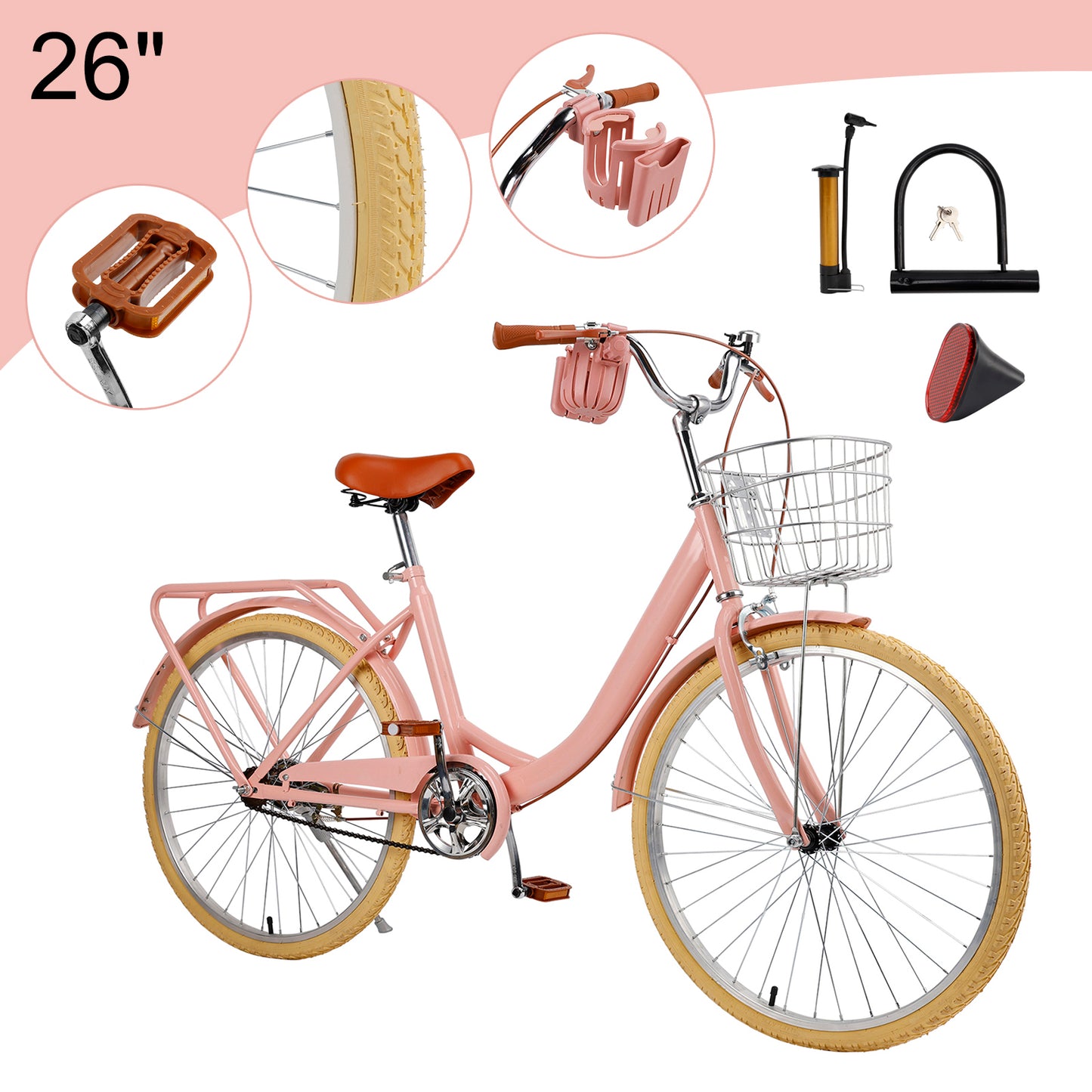24/26 inch Women City Bicycle Beach Cruiser Bike with Basket & Rack