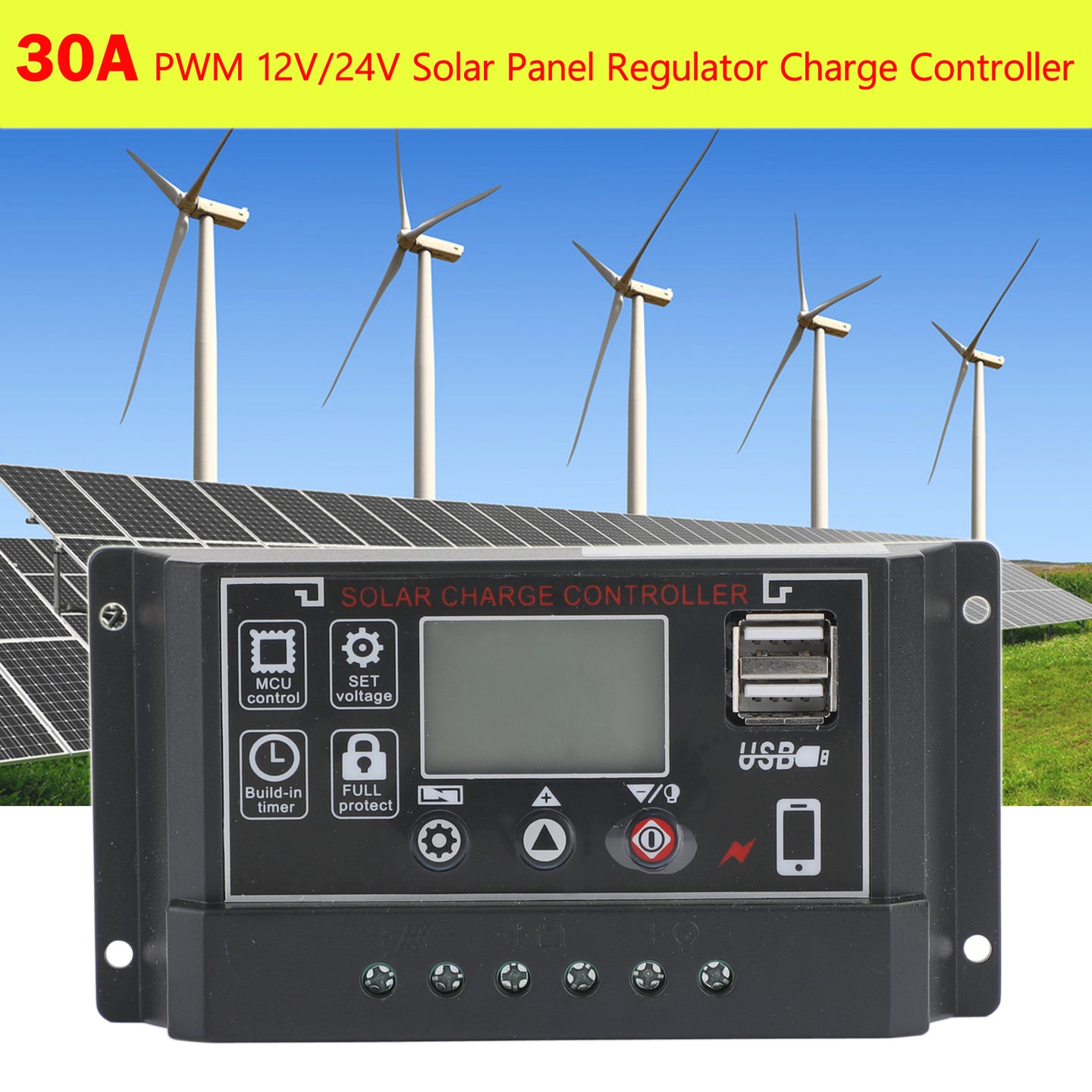 30A 12V/24V Solar Panel Battery Regulator Charge Controller PWM 4-Stage Dual USB