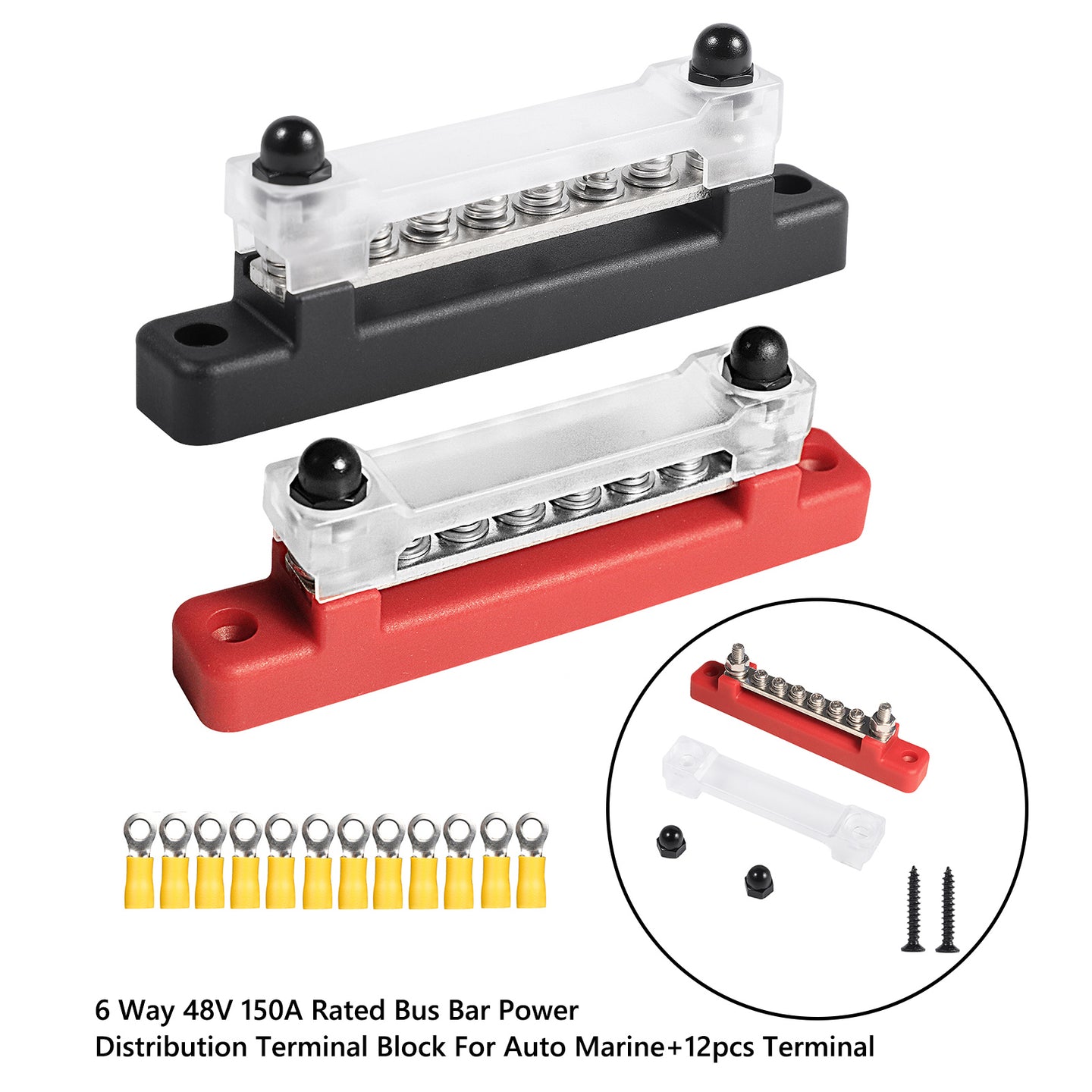 2PCS 6-Way 150A Power Distribution Block – 12 Terminal Bus Bar for Car, RV, Marine, Boat, Truck, 12V/24V/48V Systems