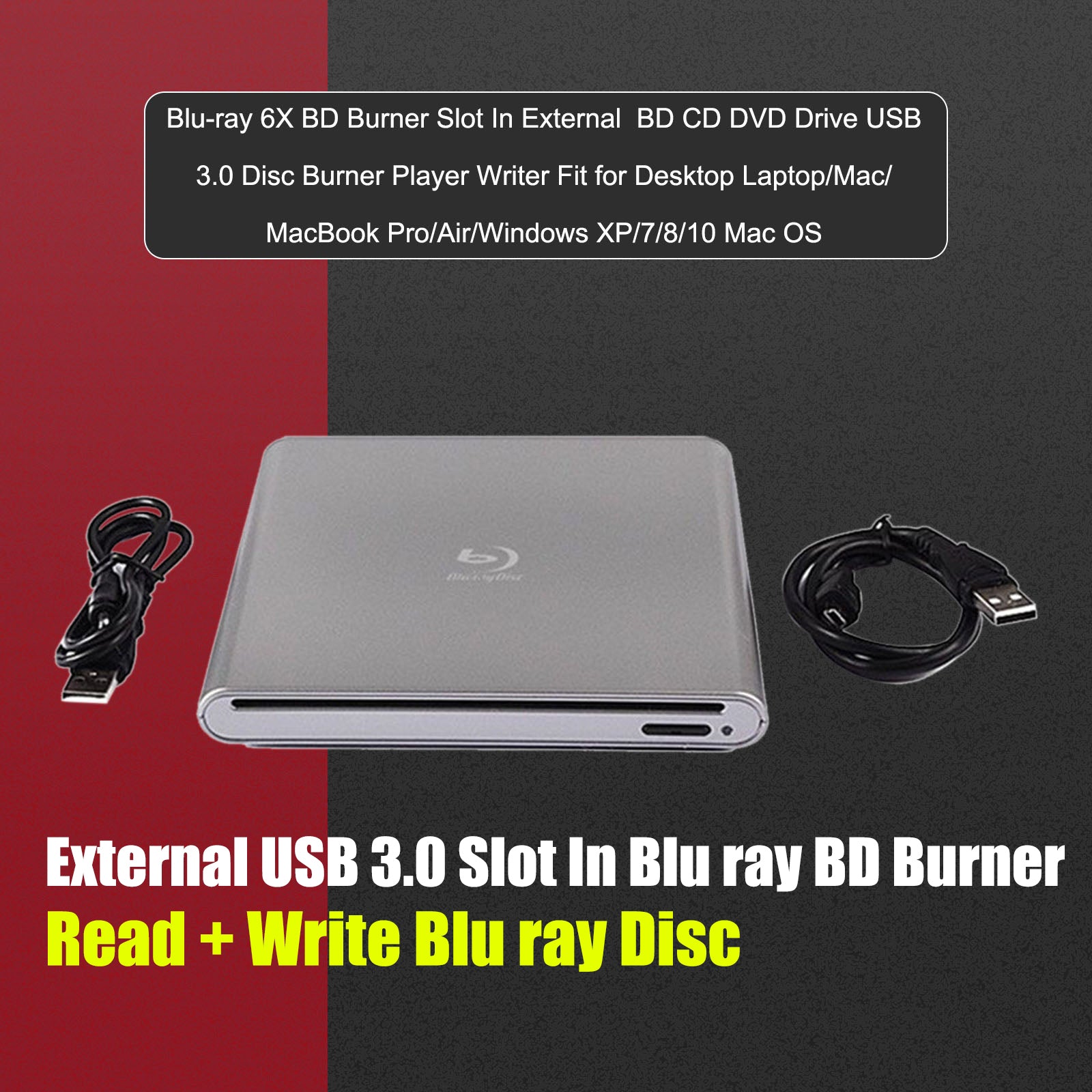 BD Burner  External USB 3.0 Slot In DVD RW CD Writer Portable Drive