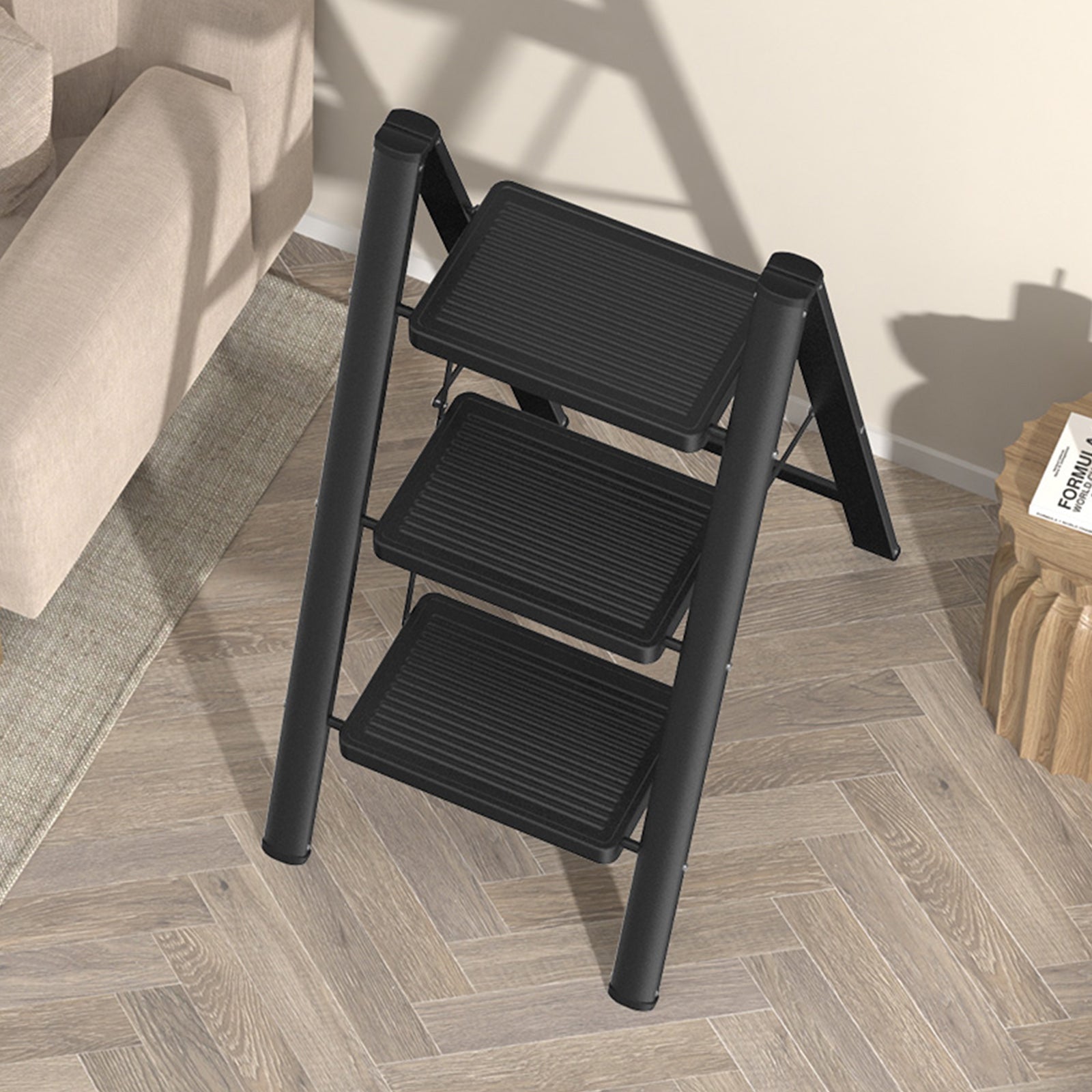 Compact Stepladder, 3 Tiers, Foldable, Aluminum, Wide, Lightweight