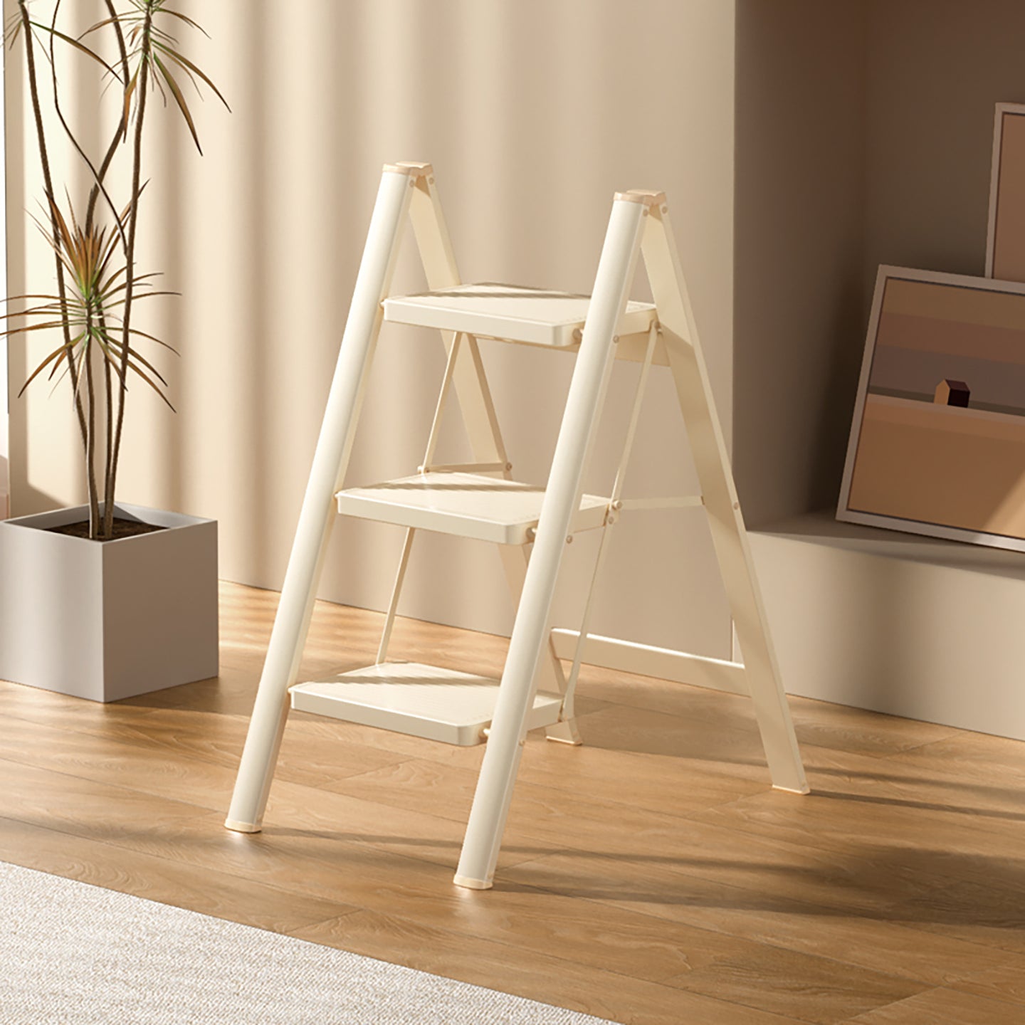 3-Step Folding Stepladder with Wide Anti-Slip Pedals, 330 lbs Capacity Lightweight Step Stool for Home & Kitchen (Cream White)