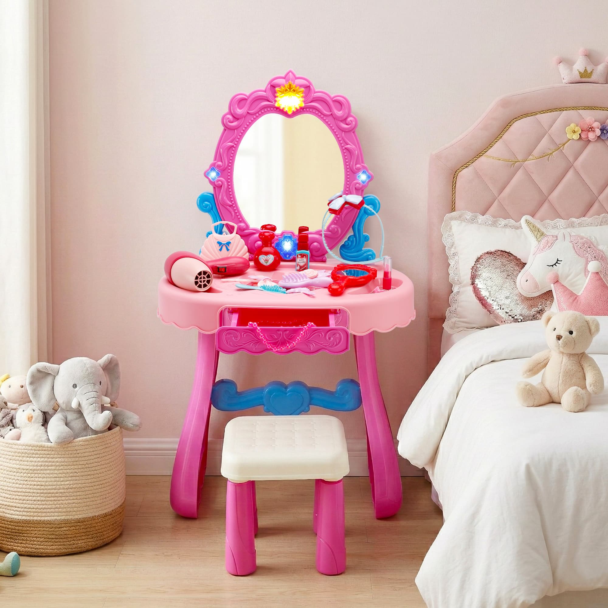 Toddler Makeup Table with Mirror and Chair Kids Vanity Set with Blowdryer for 3+