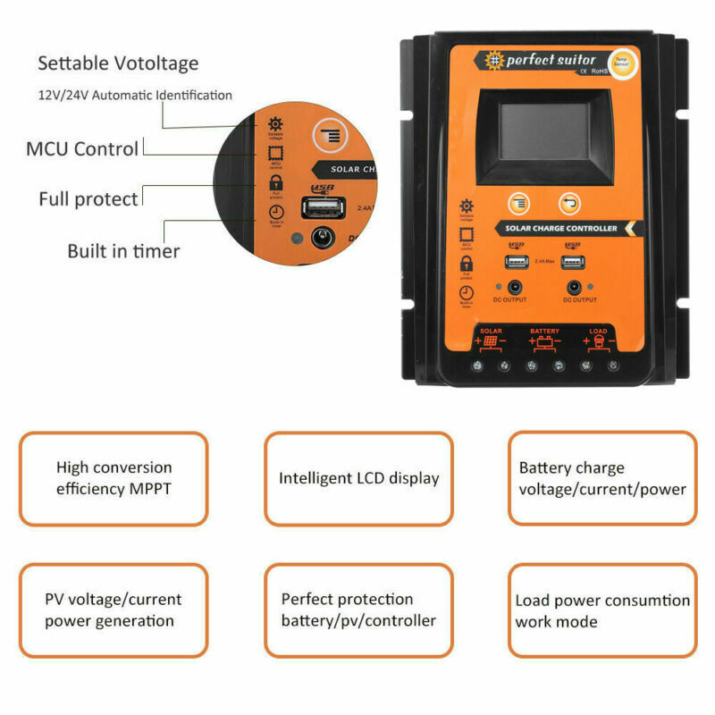 Battery Panel Dual USB 12/24V Solar Charger Controller 70A Regulator