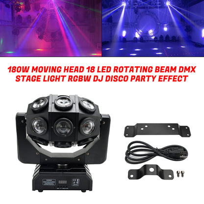 180W RGBW LED Moving Head Stage Light – 18 Beam Rotating DMX DJ Disco Party Effect