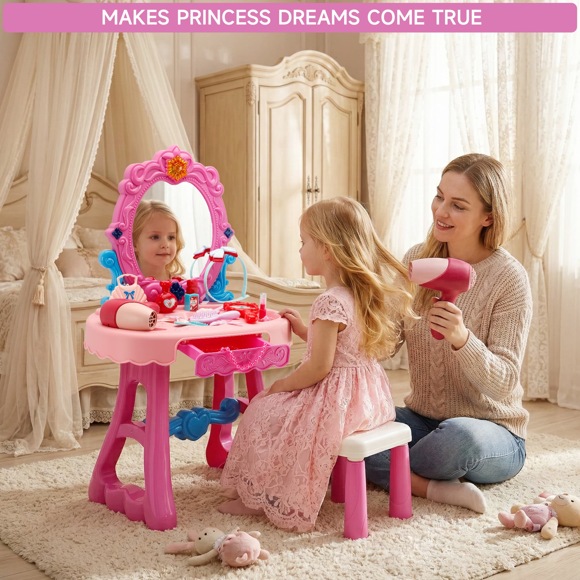 Toddler Makeup Table with Mirror and Chair Kids Vanity Set with Blowdryer for 3+