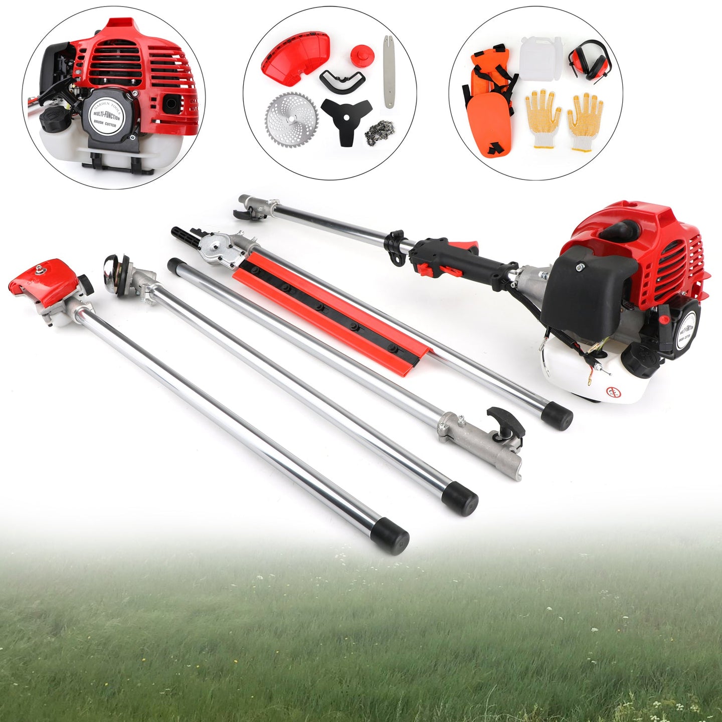 5 in 1 Multi-Functional Trimming Tool, 52CC 2-Cycle Garden Tool with Extension Pole Saw, Hedge, Grass Trimmer and Brush Cutter
