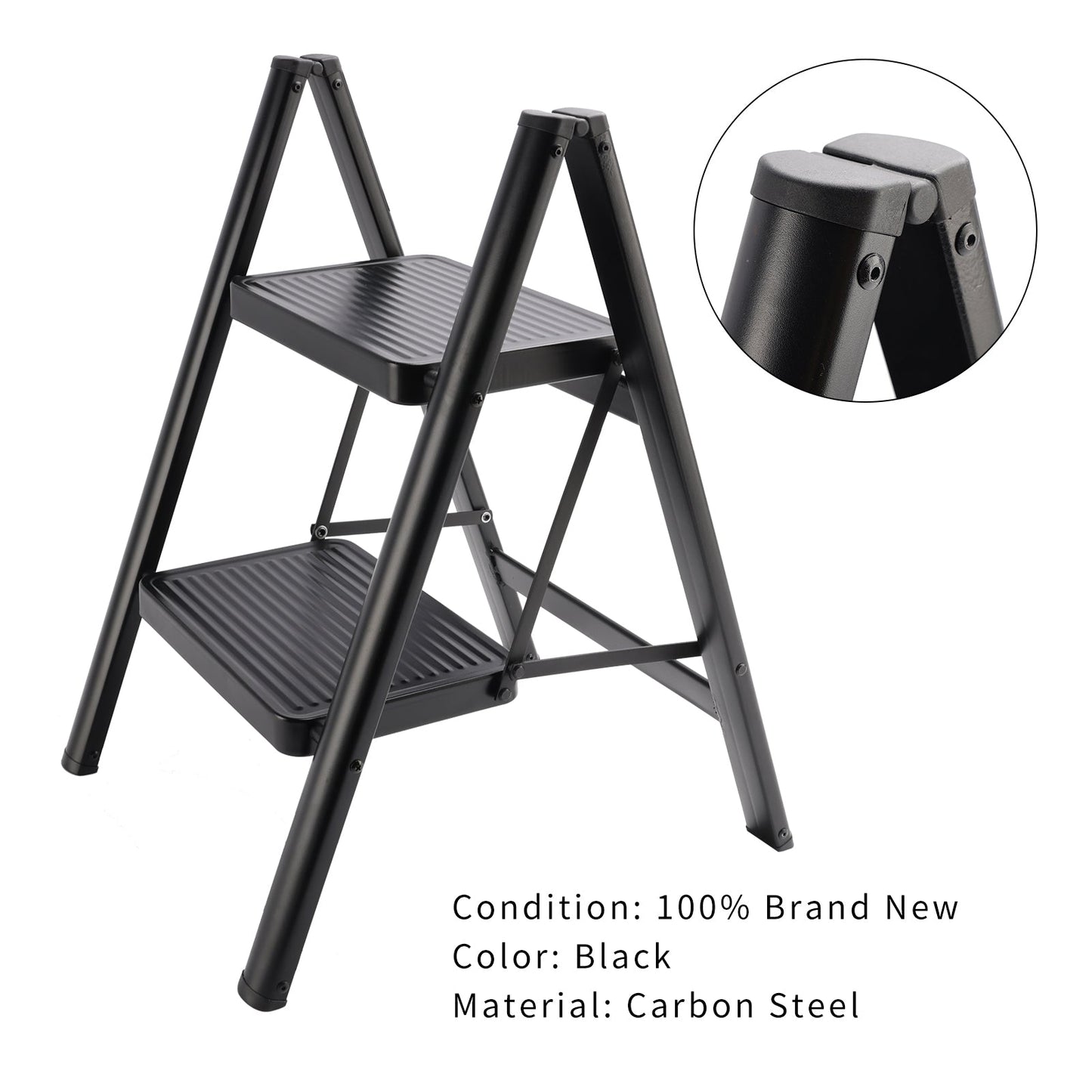 2-Step Ultra-Slim Folding Step Stool, 2" Thick Carbon Steel with Wide Anti-Slip Pedals, 330 lbs Capacity (Black)