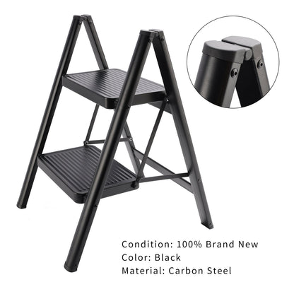 2-Step Ultra-Slim Folding Step Stool, 2" Thick Carbon Steel with Wide Anti-Slip Pedals, 330 lbs Capacity (Black)