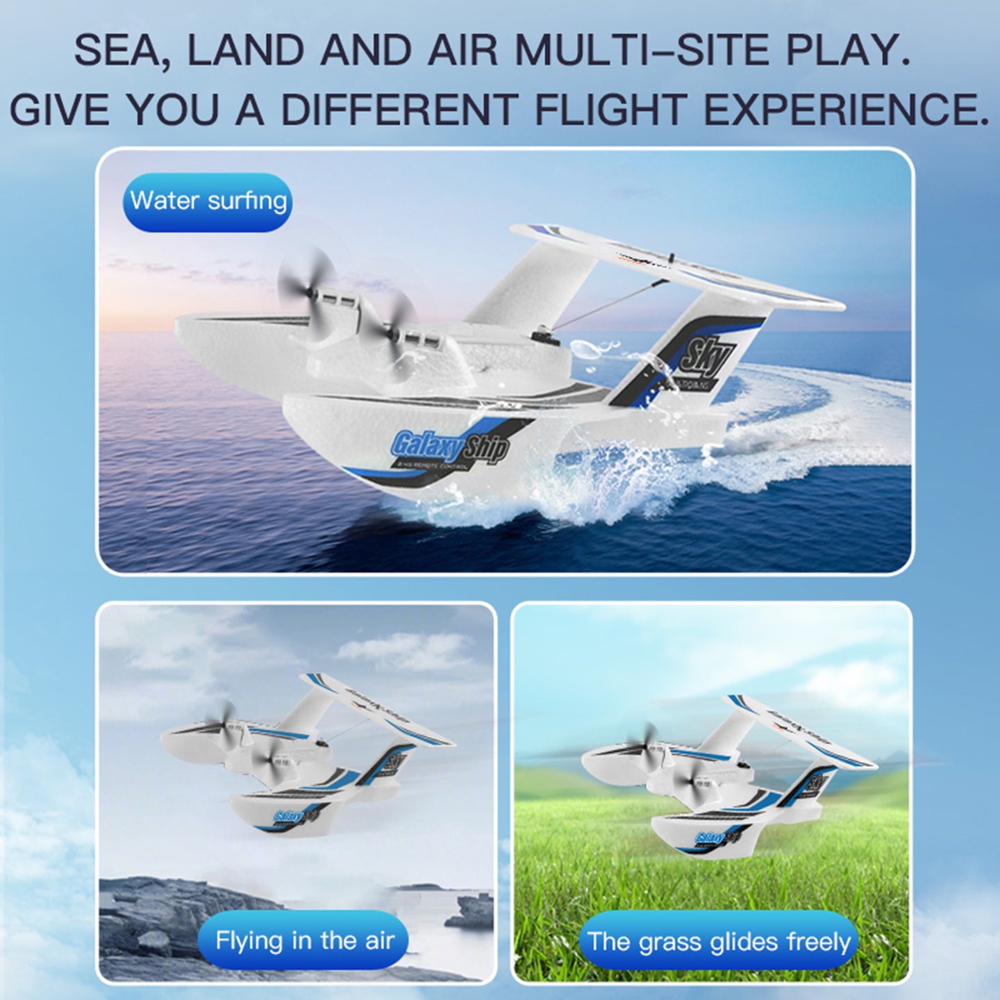 RC Plane For Water Land & Air Aircraft 3Ch Remote With 2 Batteries 2.4Ghz Blue