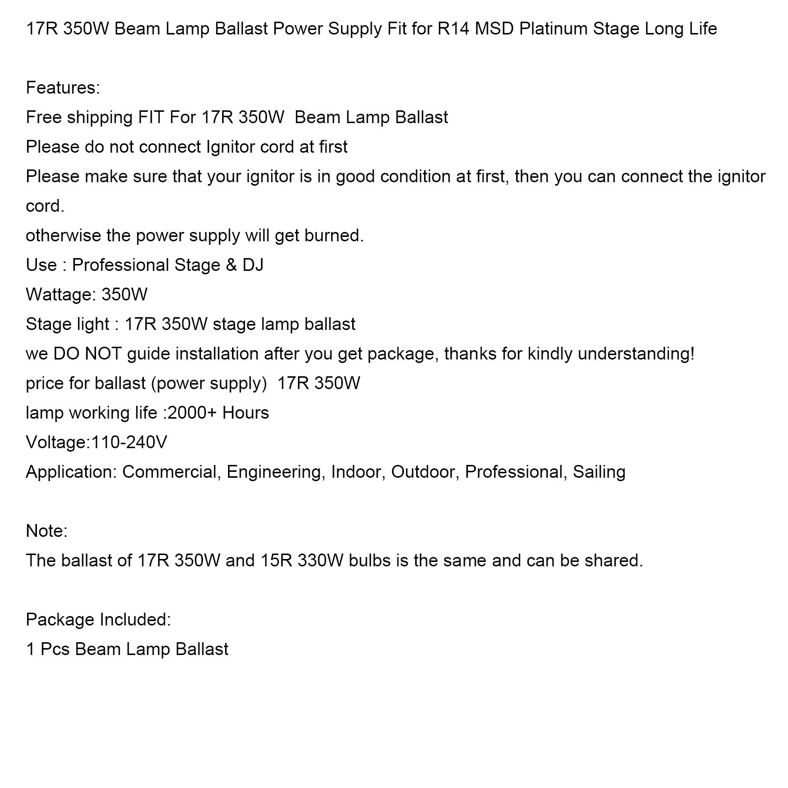 17R 350W Beam Lamp Ballast Power Supply Fit for R17 MSD Platinum Stage Long Life