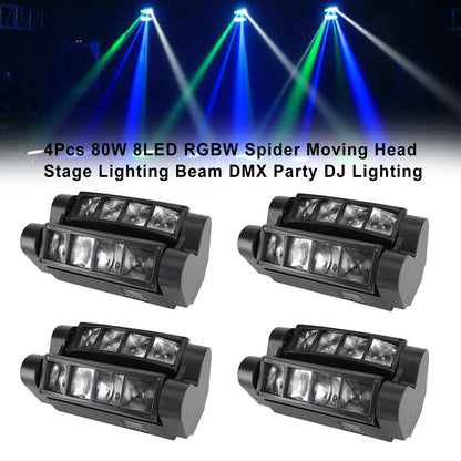 4Pcs 80W 8LED RGBW Spider Moving Head Stage Lighting Beam DMX Party DJ Lighting