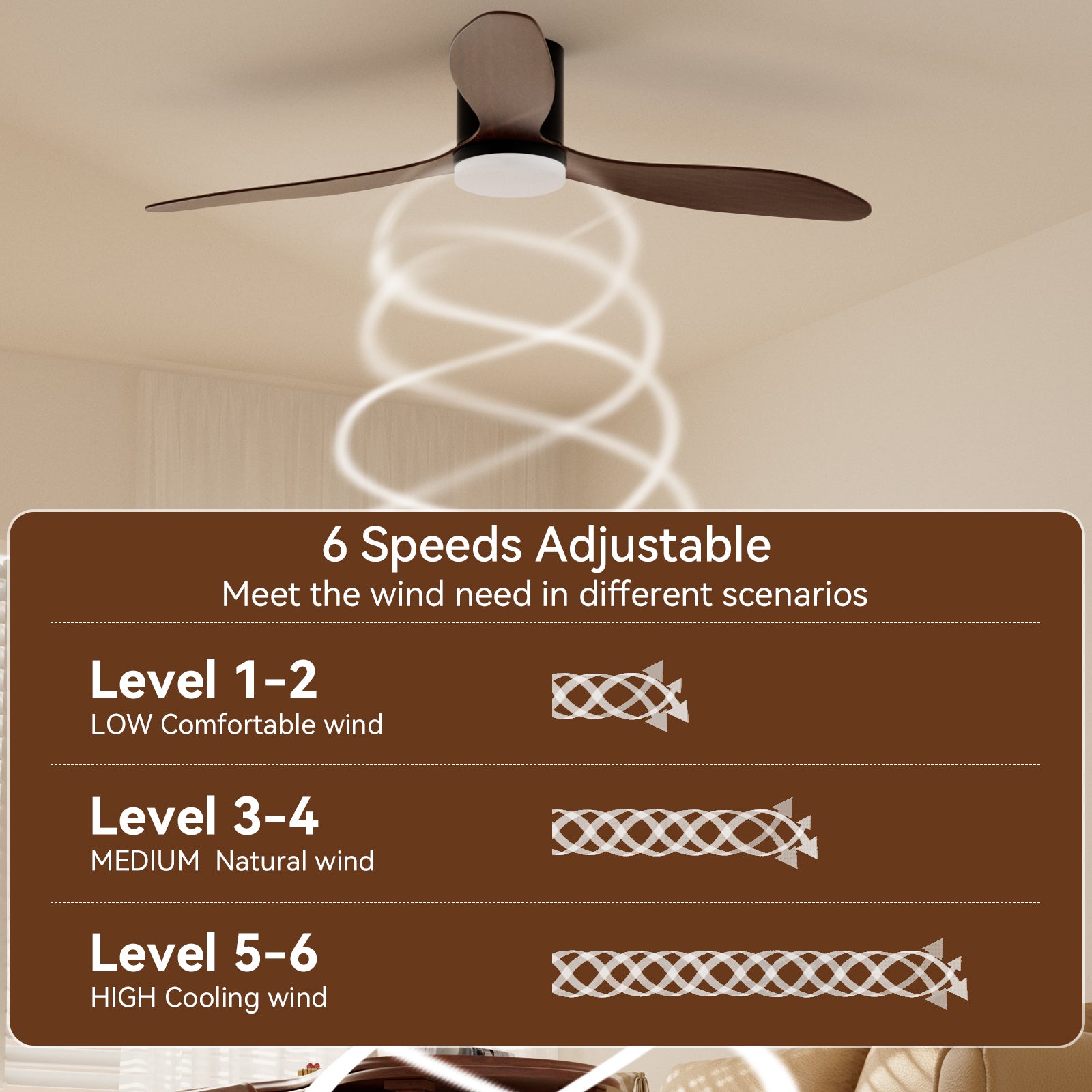 52-Inch Smart Ceiling Fan with Light, Quiet DC Motor, Remote & App Control, Dimmable 3-Color LED, 6-Speed Reversible