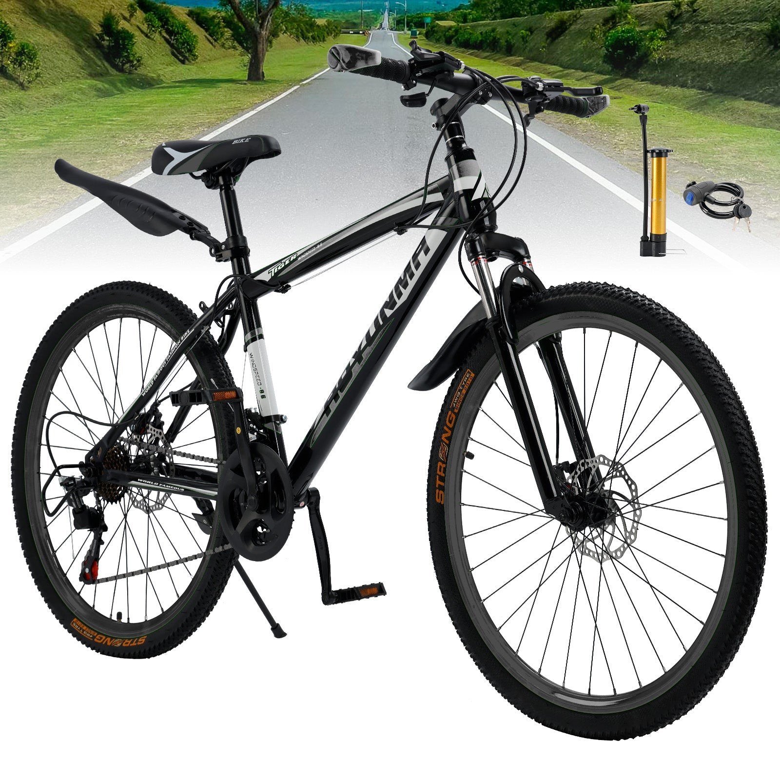 Unisex 26 inch Spoke Wheel 24 Speed Mountain Bike MTB with Disc Brake Black+White