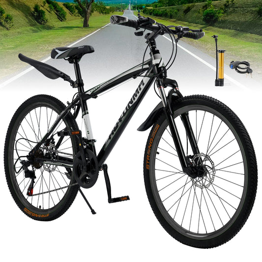 Unisex 26 inch Spoke Wheel 24 Speed Mountain Bike MTB with Disc Brake Black+White