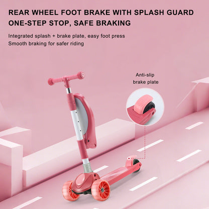 Foldable 3-Wheel Kids Scooter with Seat & Lights a?? Adjustable Handlebar, Lean-to-Steer (Blue)