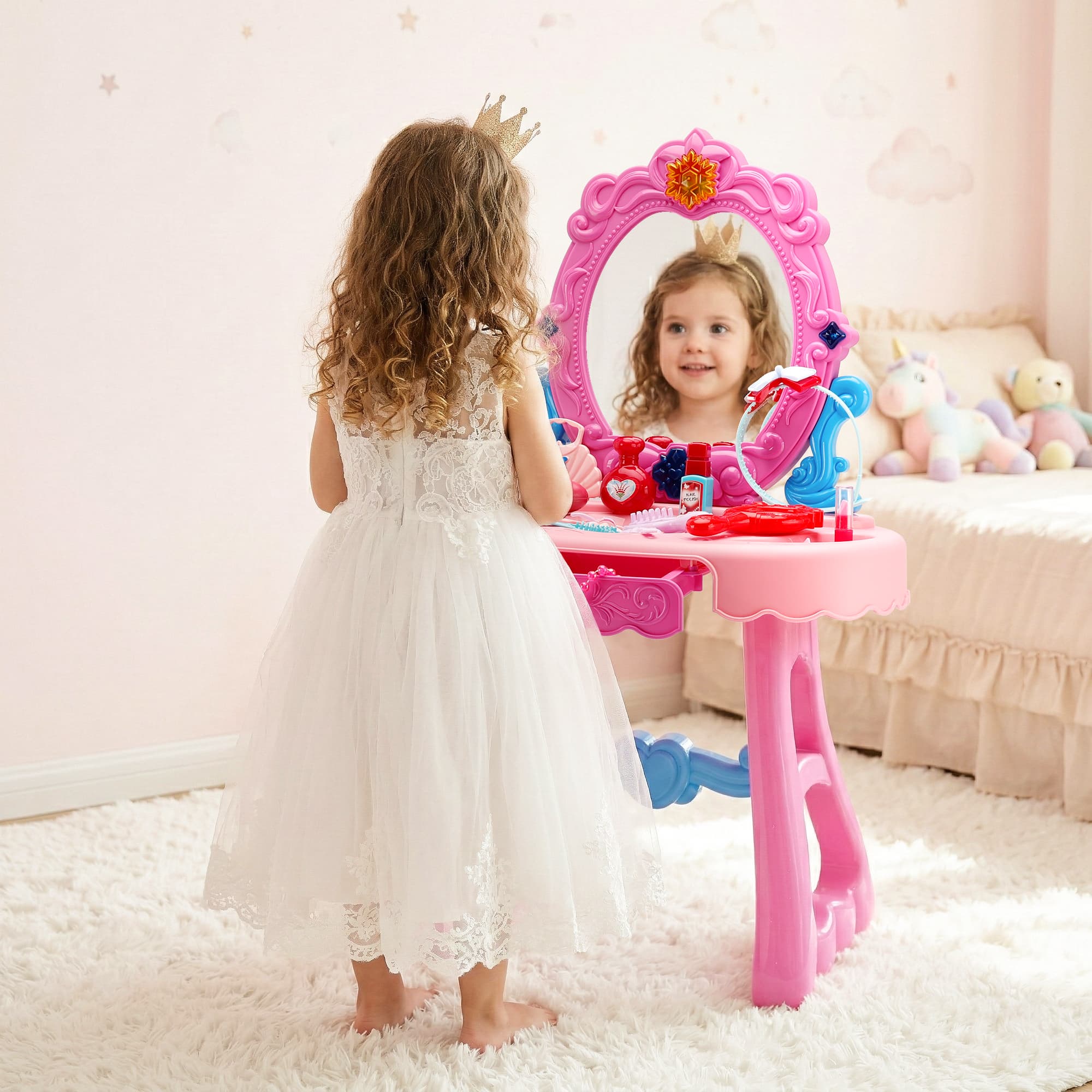 Toddler Makeup Table with Mirror and Chair Kids Vanity Set with Blowdryer for 3+