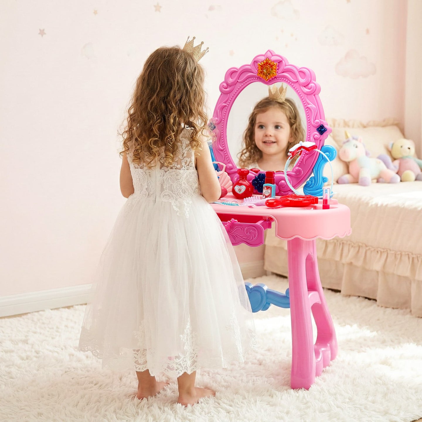Toddler Makeup Table with Mirror and Chair Kids Vanity Set with Blowdryer for 3+