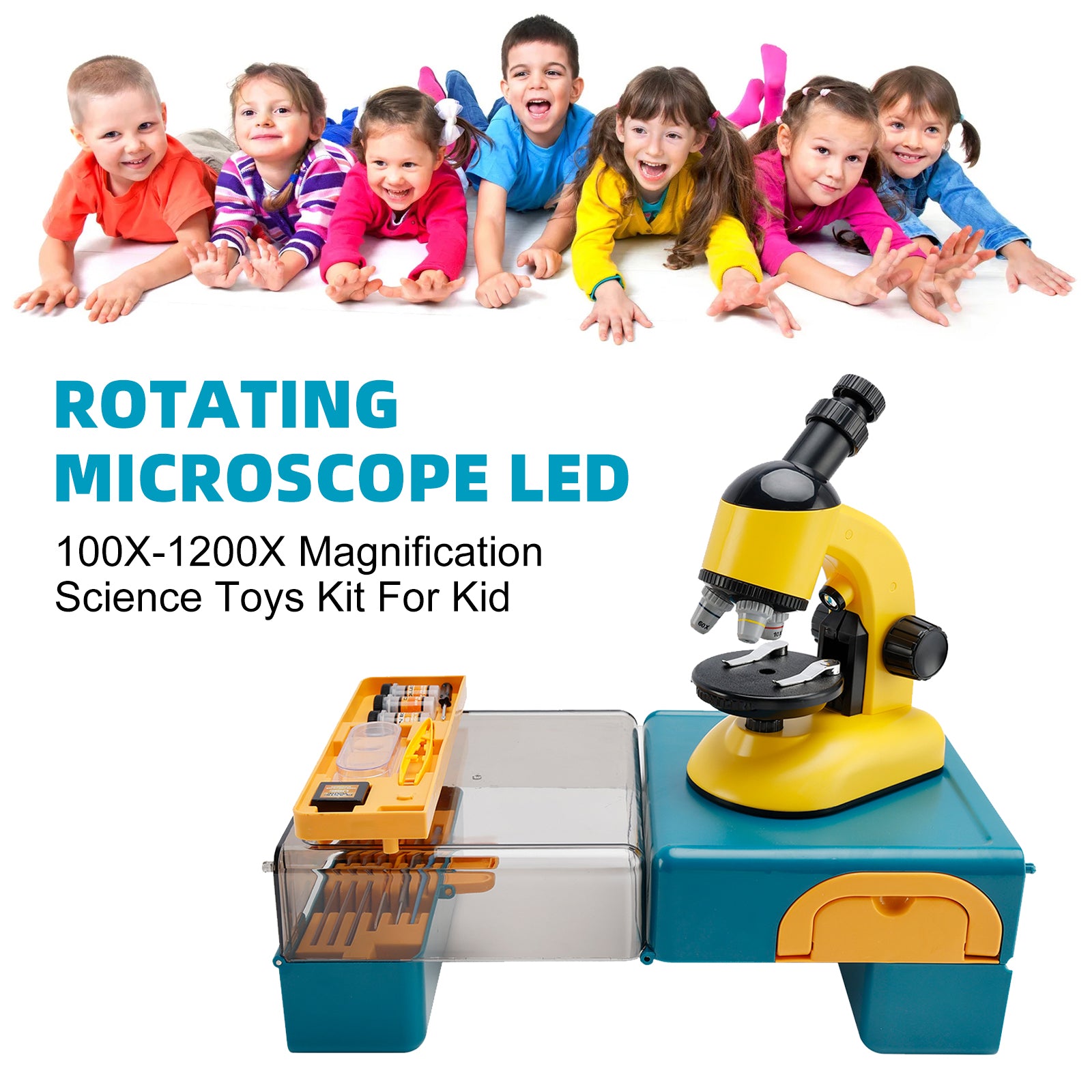 Rotating Microscope LED 100X-1200X Magnification Science Toys Kit For Kid Yellow