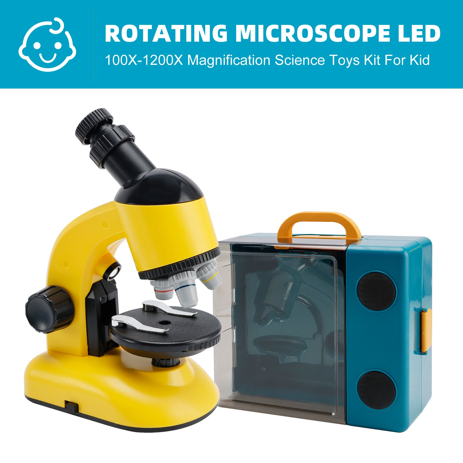 Rotating Microscope LED 100X-1200X Magnification Science Toys Kit For Kid Yellow