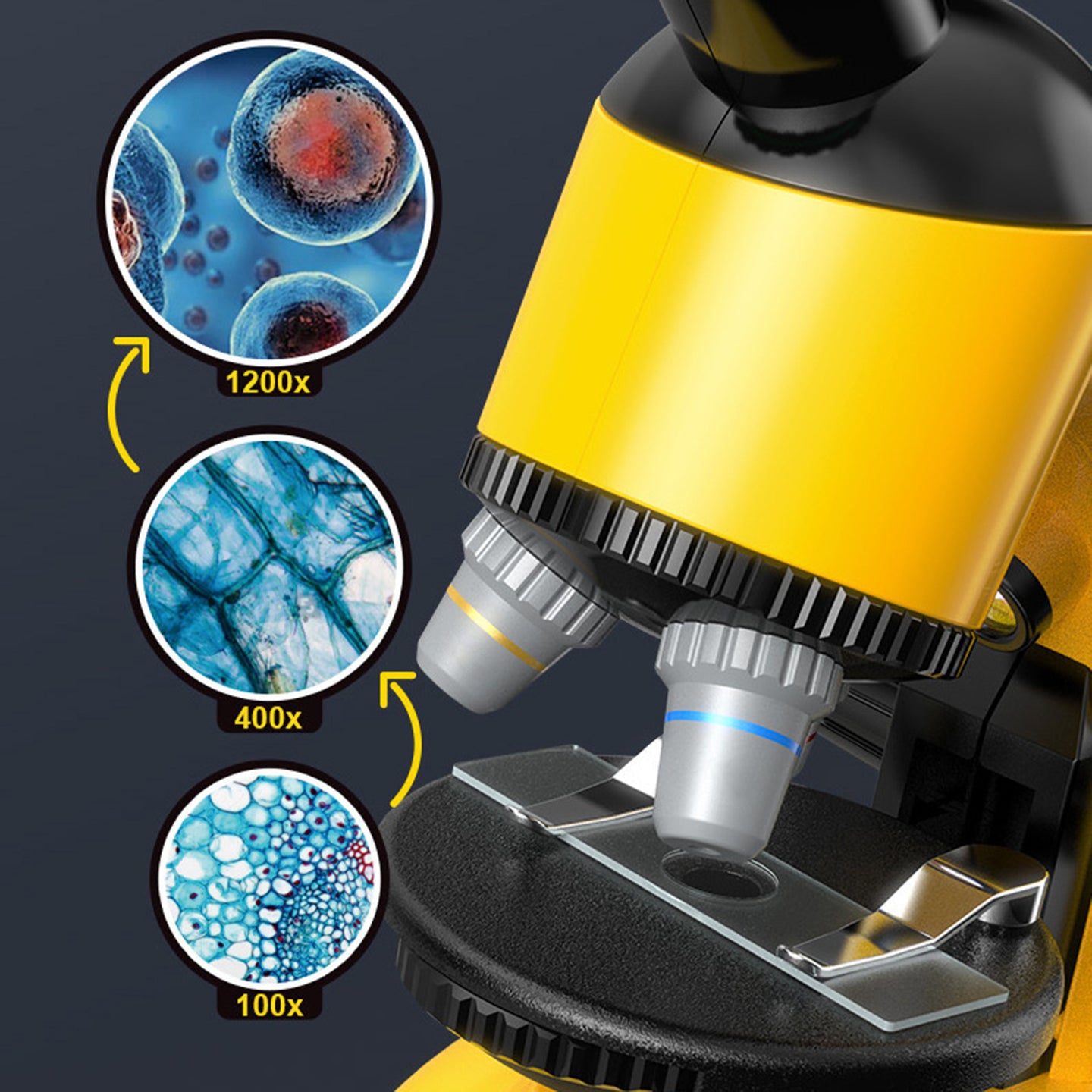 Rotating Microscope LED 100X-1200X Magnification Science Toys Kit For Kid Yellow