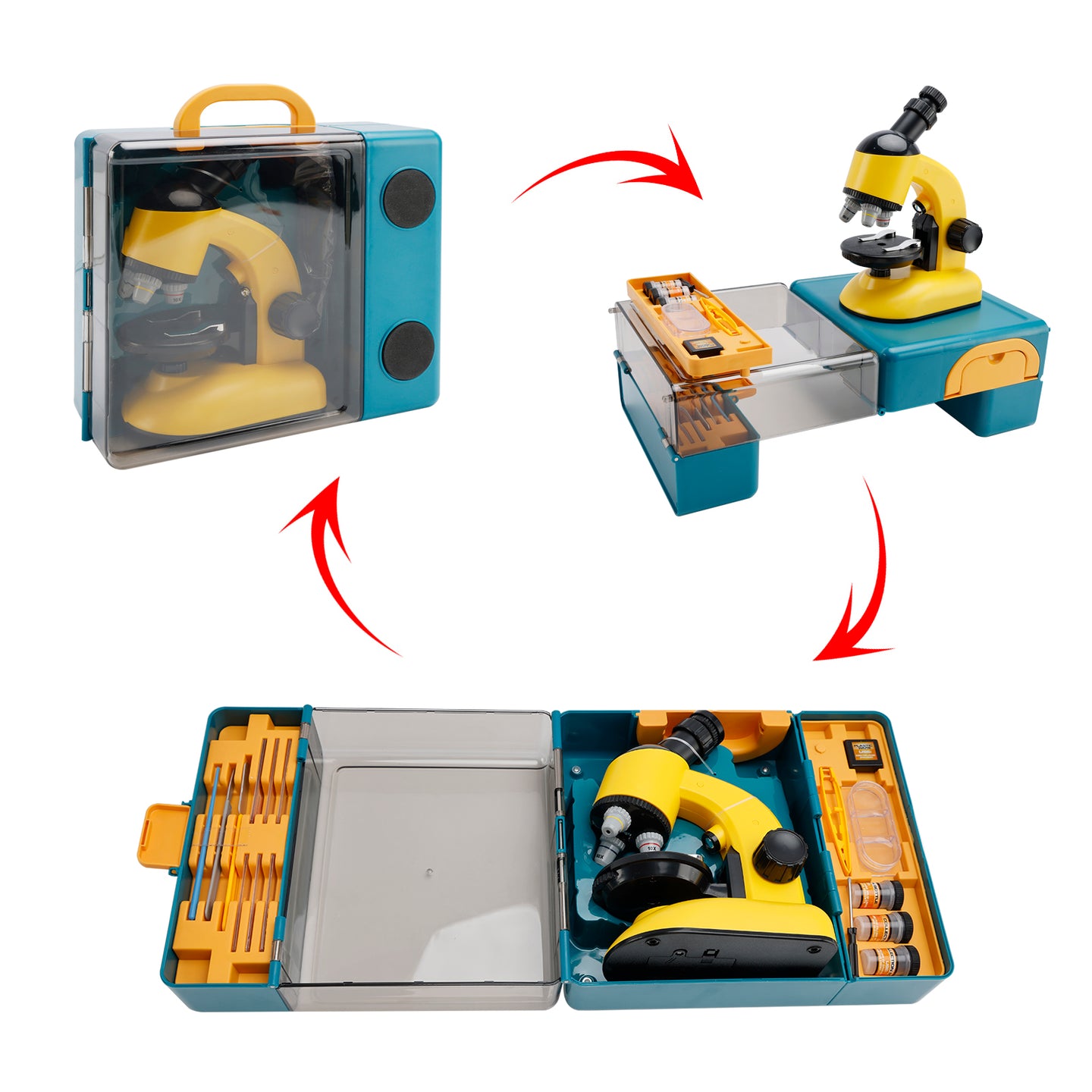 Rotating Microscope LED 100X-1200X Magnification Science Toys Kit For Kid Yellow