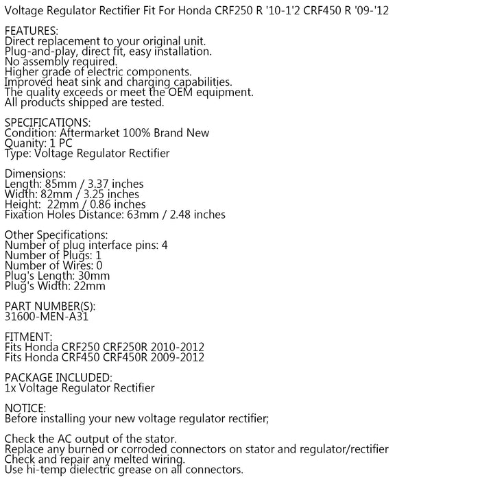 09-2012 Honda CRF250 R CRF450R 31600-MEN-A31 Regulator Rectifier 31600-MEN-A31