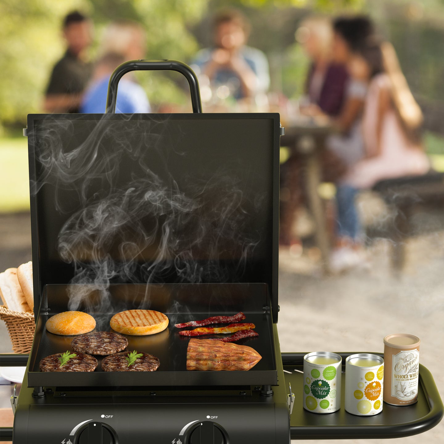 16,000 BTU 2-Burner Portable Propane Gas Griddle with Folding Scissor Legs, Hood & Side Shelf for Outdoor Cooking