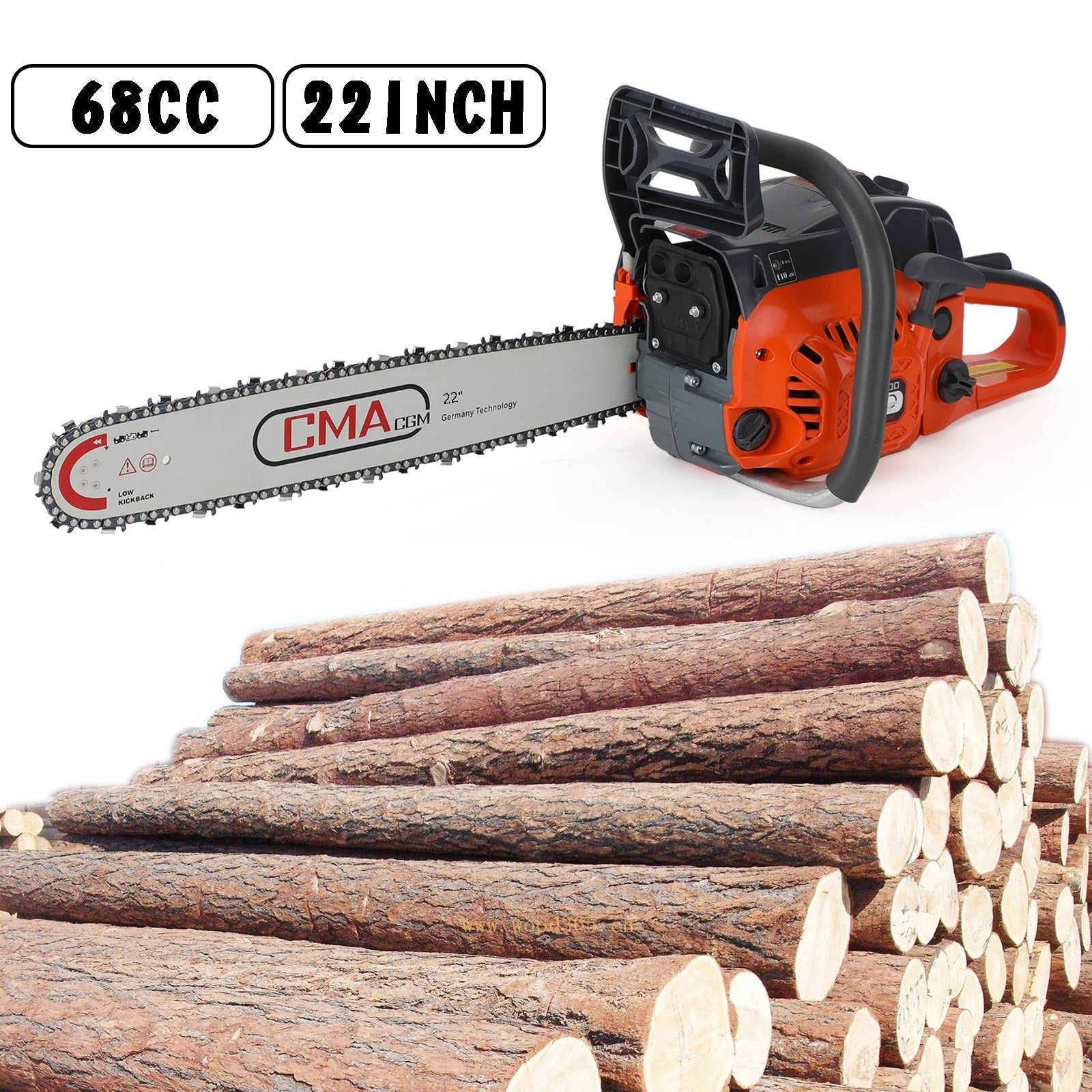 68CC Professional Gas Chainsaw with 22-Inch Bar, 3.0kW 2-Stroke Engine for Logging & Tree Felling