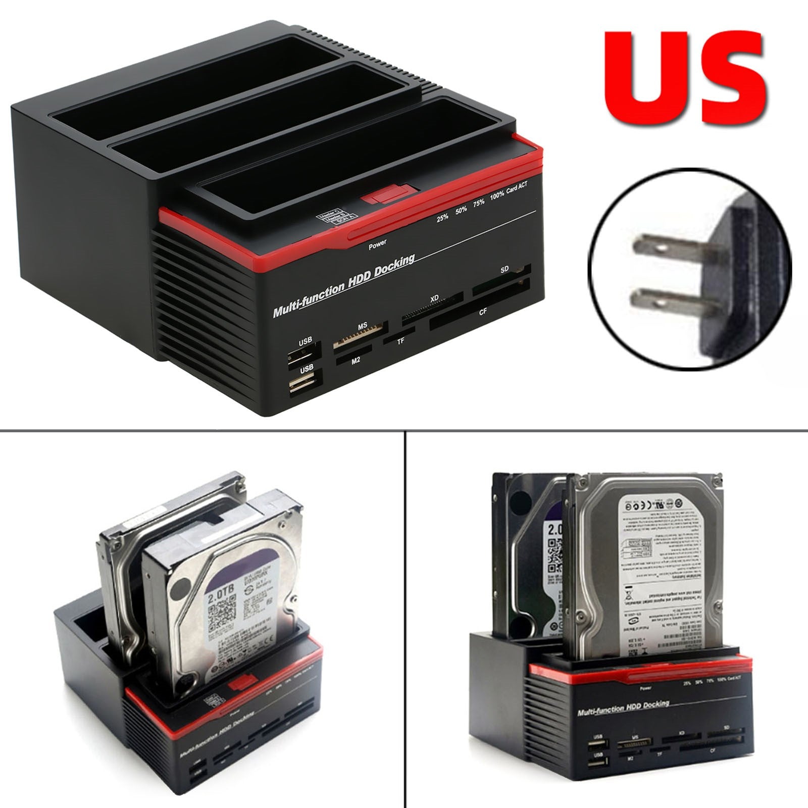 Multifunction 2.5 3.5" HDD Docking Station USB 3.0 Clone Hard Drive Card US