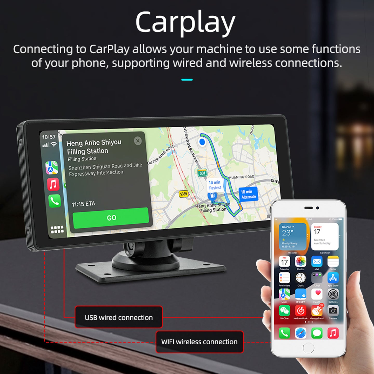 10.26inch Wireless Carplay Bluetooth Radio FM Car MP5 Player AHD Recorder Camera