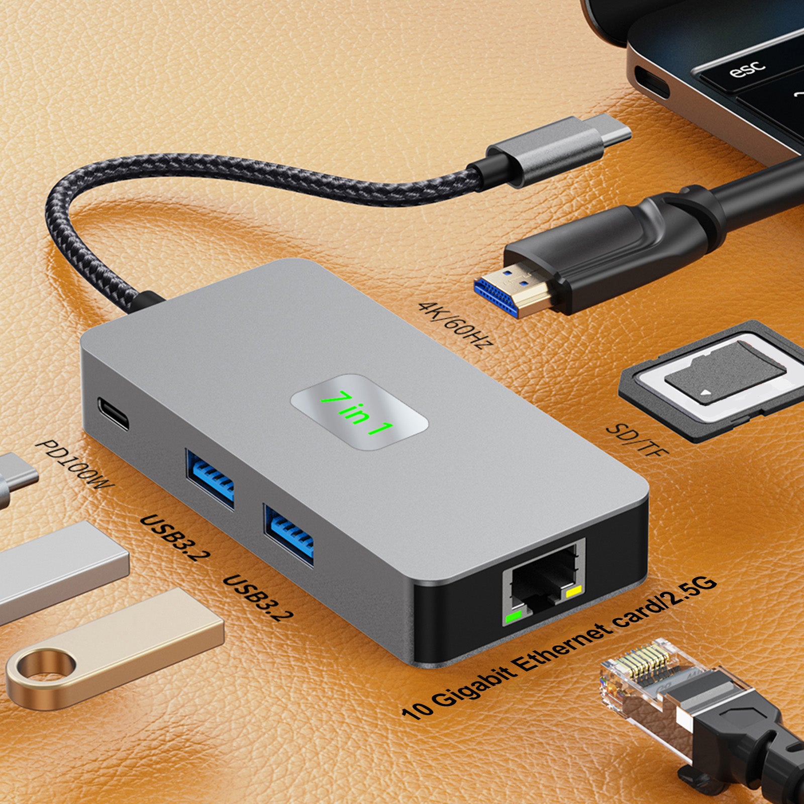 7 in 1 TYPE-CtoRJ45 2.5G 10G USB3.2 HDMI PD100W SD TF Interface Hub Adapter Dock (Copy)