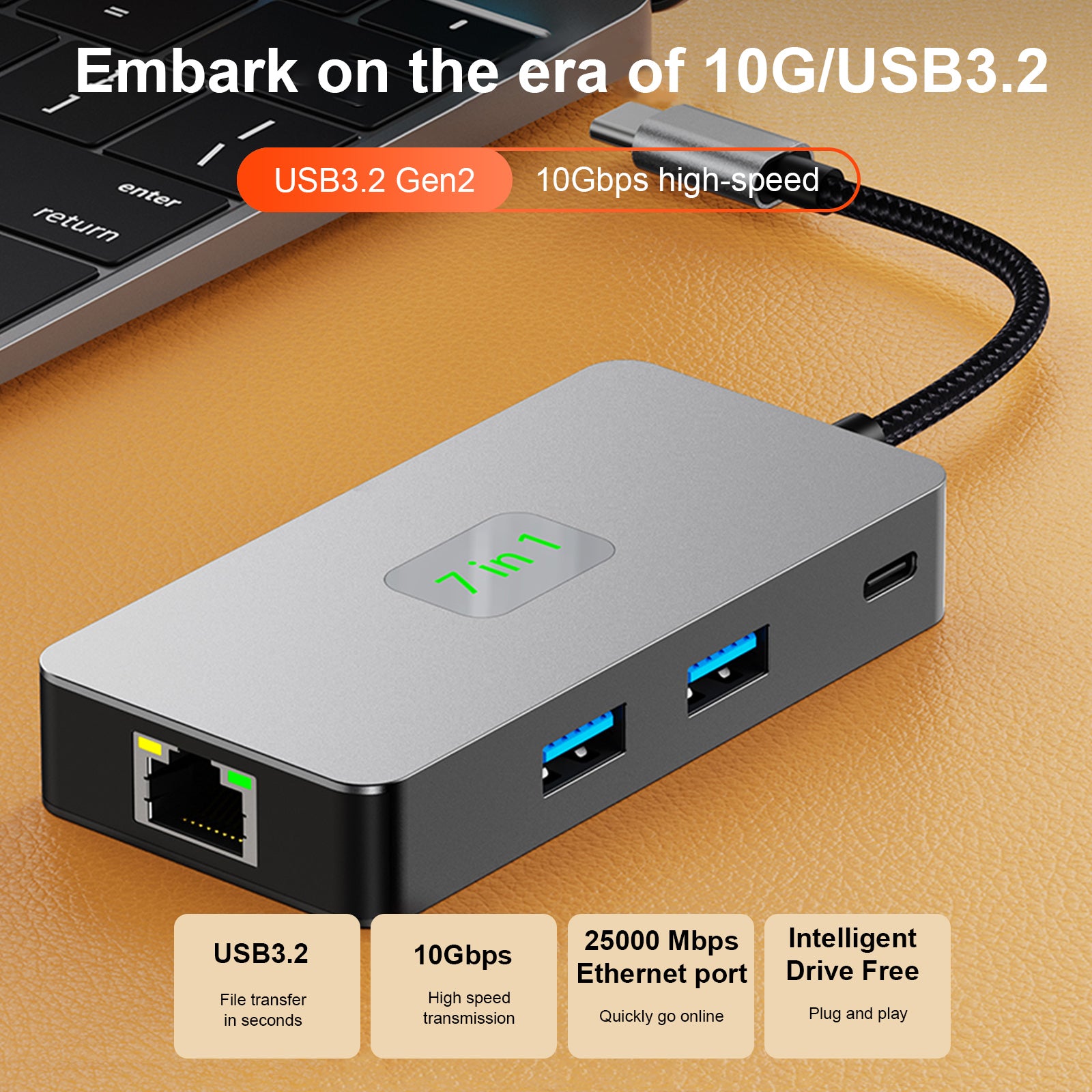 7 in 1 TYPE-CtoRJ45 2.5G 10G USB3.2 HDMI PD100W SD TF Interface Hub Adapter Dock (Copy)