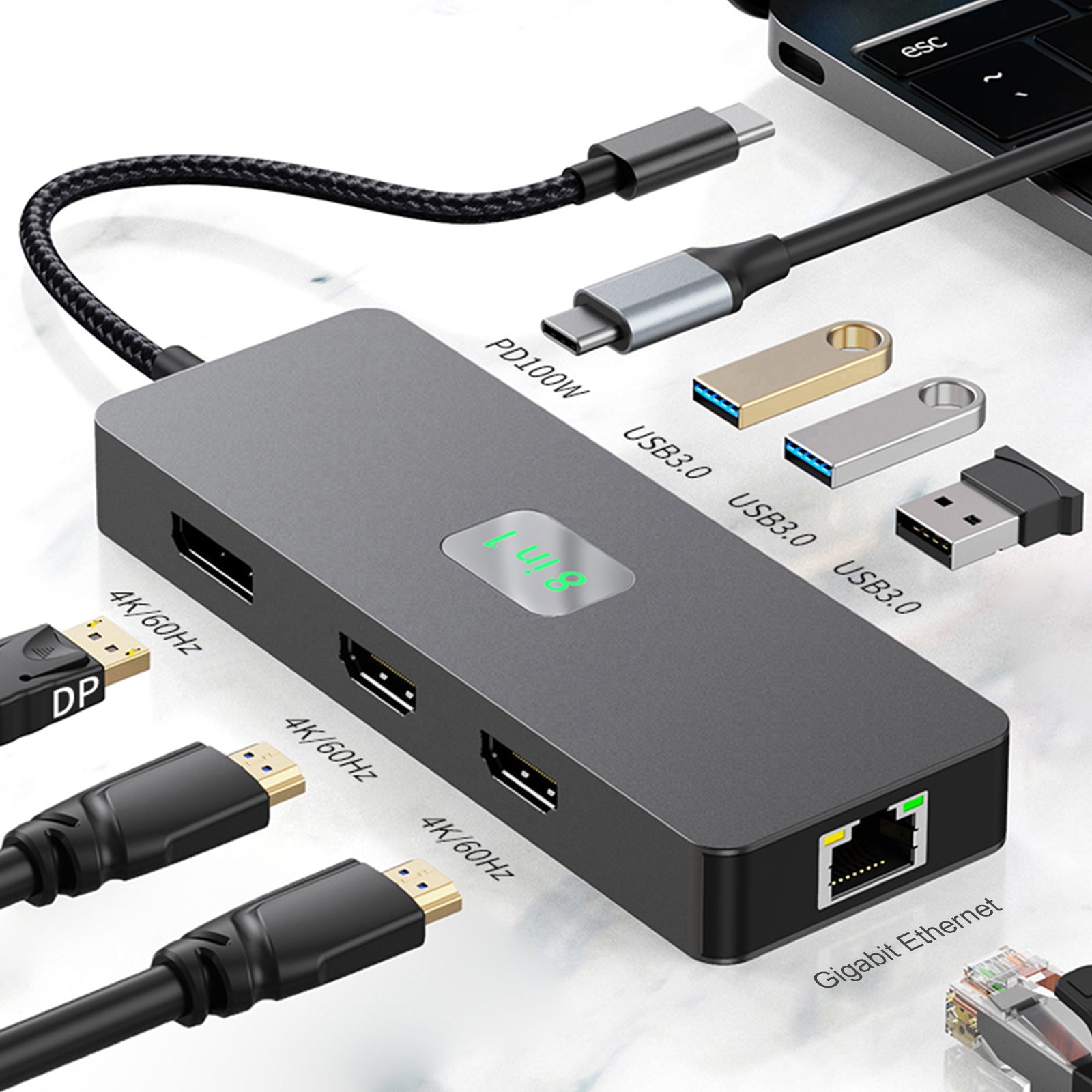 8 in 1 TYPE-C to RJ45 Gigabit USB 3.0 HDMI DP PD100W Interface Hub Adapter Dock (Copy)