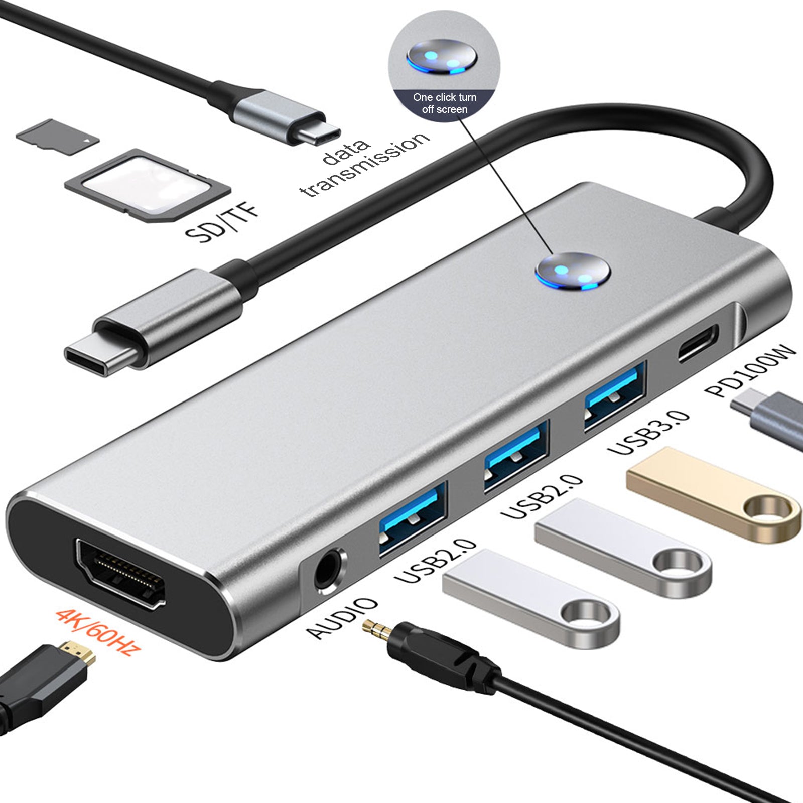 9 in 1 TYPE-C+USB3.0 USB2.0 HDMI SD/TF PD100W Audio Data Interface Hub Adapter (Copy)