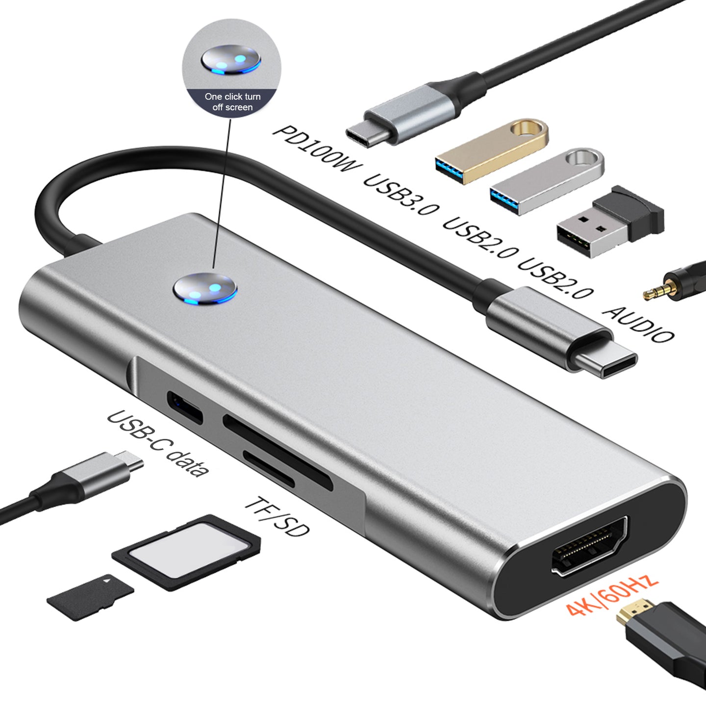 9 in 1 TYPE-C+USB3.0 USB2.0 HDMI SD/TF PD100W Audio Data Interface Hub Adapter (Copy)