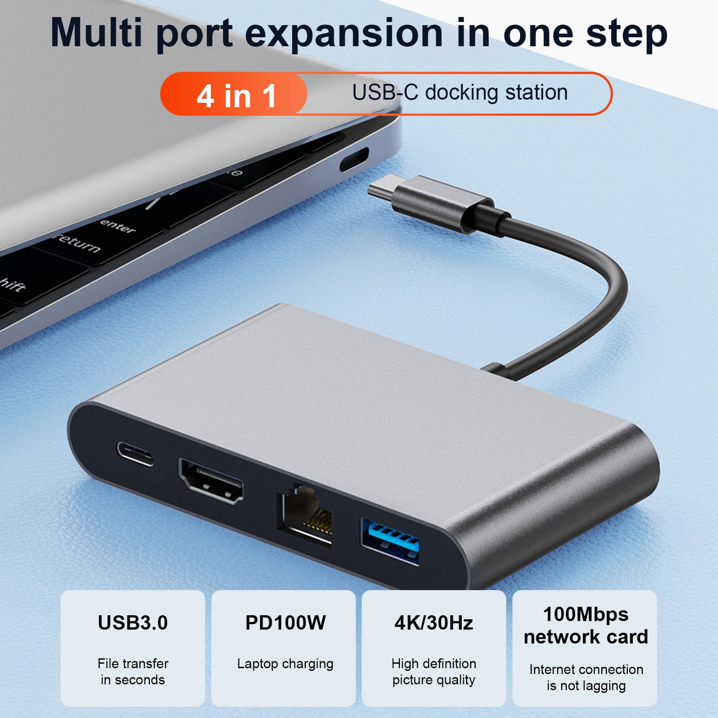 4 in 1 Docking Station TYPE-C to RJ45 100M HDMI USB3.0 PD Interface Hub Adapter
