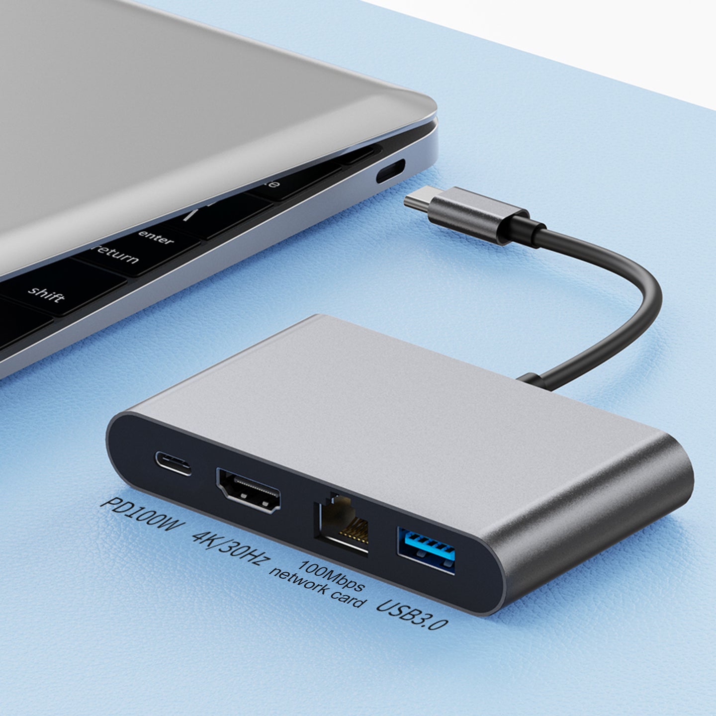4 in 1 Docking Station TYPE-C to RJ45 100M HDMI USB3.0 PD Interface Hub Adapter