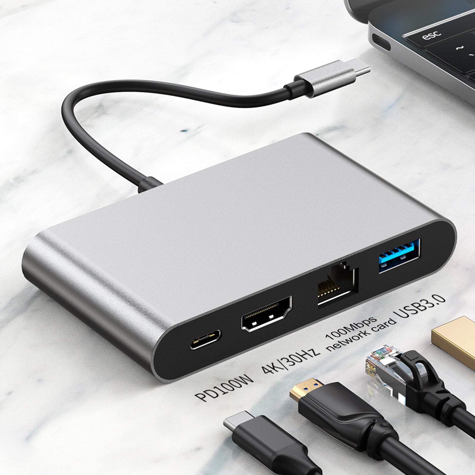 4 in 1 Docking Station TYPE-C to RJ45 100M HDMI USB3.0 PD Interface Hub Adapter (Copy)
