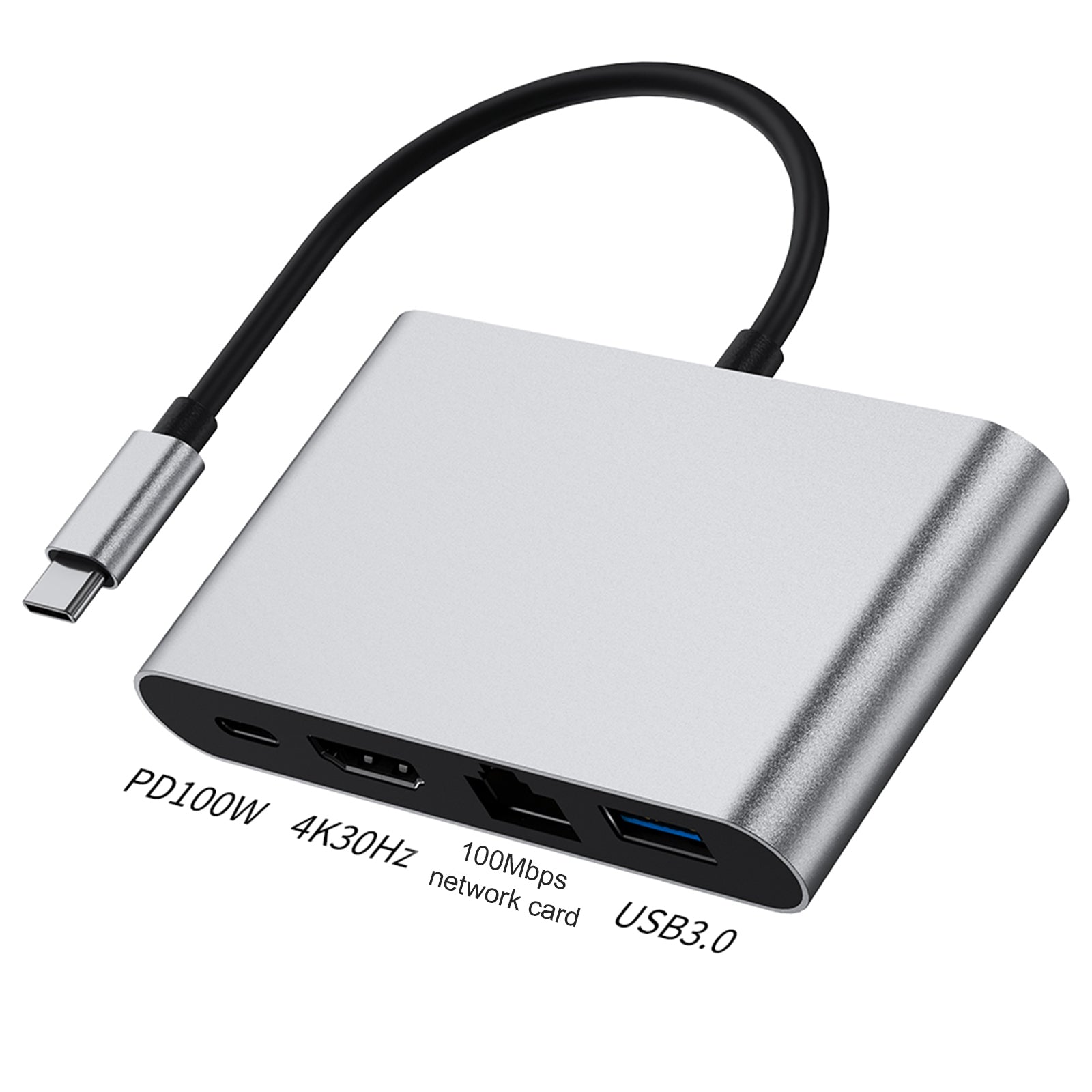 4 in 1 Docking Station TYPE-C to RJ45 100M HDMI USB3.0 PD Interface Hub Adapter