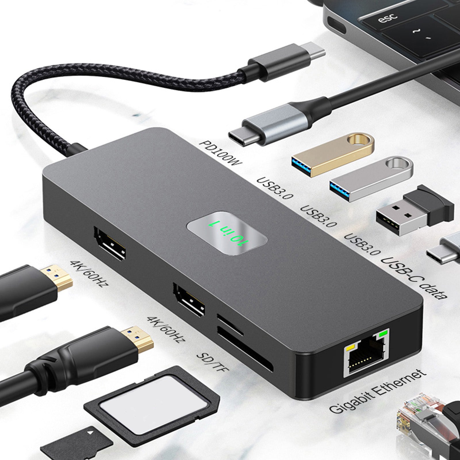 10 in 1 TYPE-C to RJ45  Gigabit USB 3.0  HDMI SD/TF PD100W USB-C Data Interface