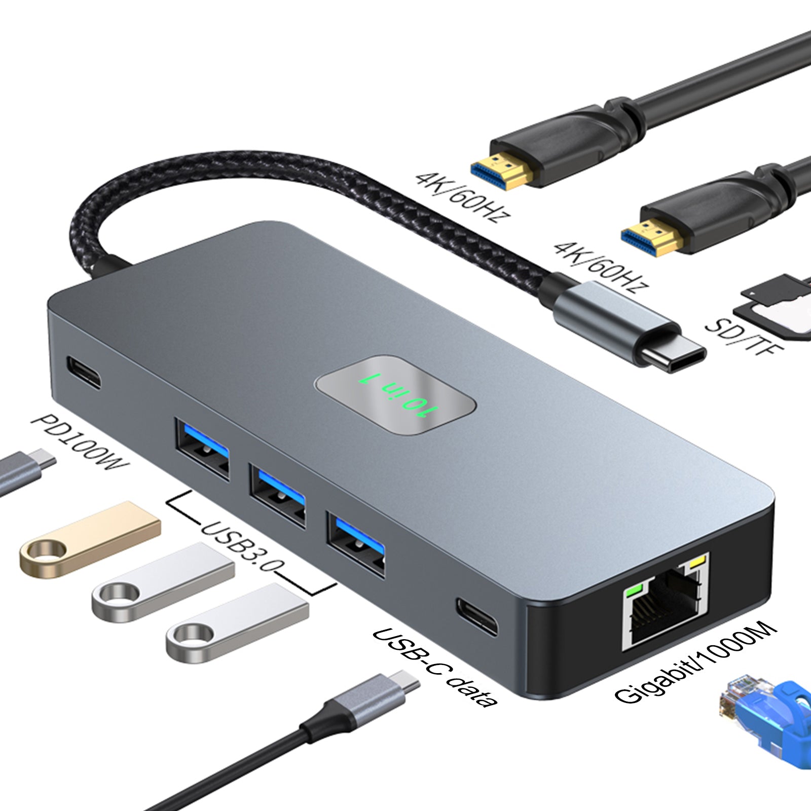 10 in 1 TYPE-C to RJ45  Gigabit USB 3.0  HDMI SD/TF PD100W USB-C Data Interface