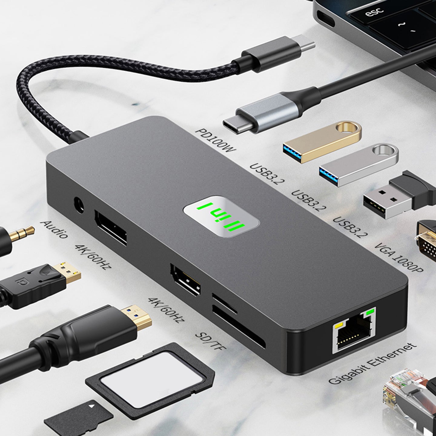 11 in 1 TYPE-C to RJ45 Gigabit USB3.2 HDMI DP+SD/TF 3.5mm Audio VGA PD100W PC