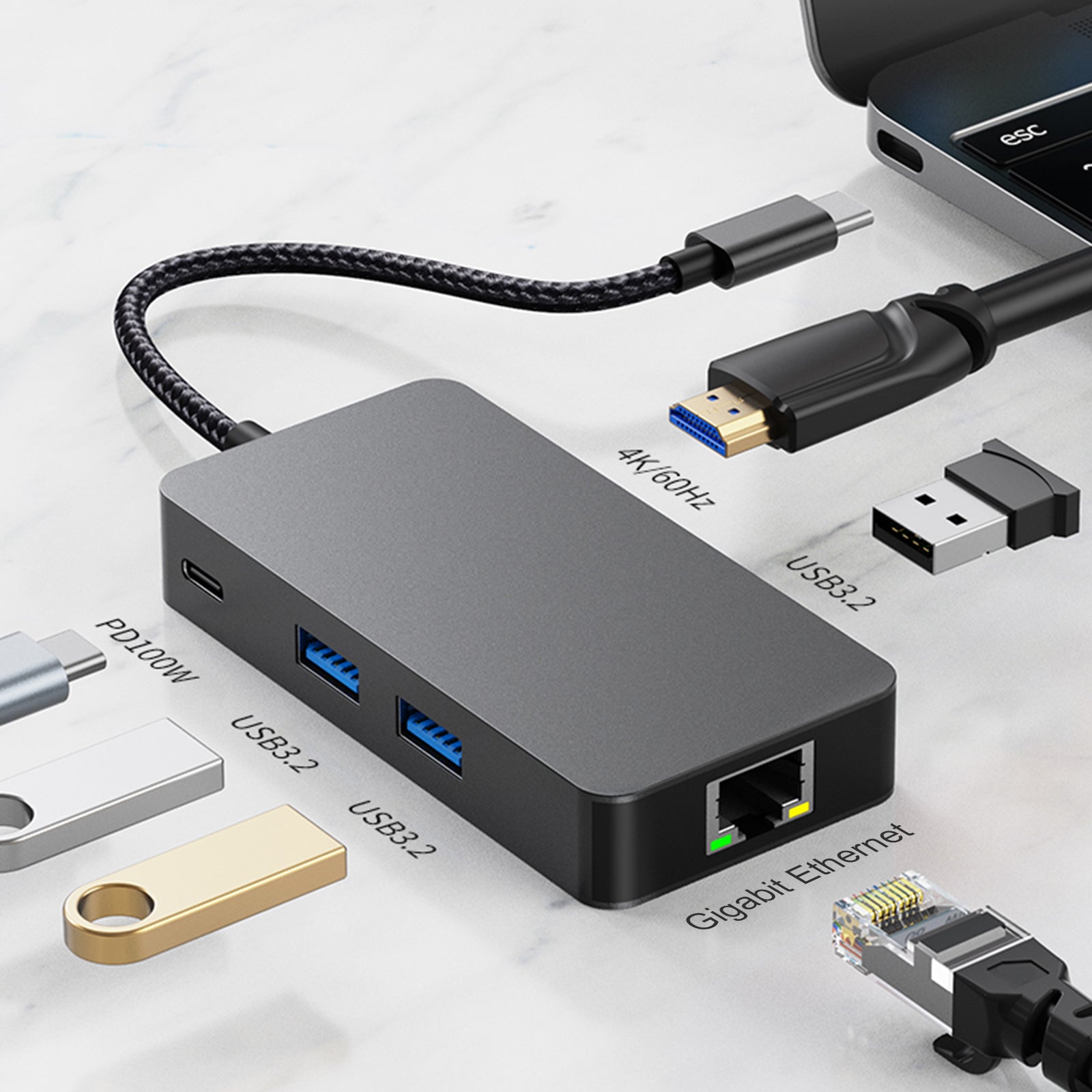 6 in 1 TYPE-C to RJ45 Gigabit USB 3.2 HDMI PD100W Interface Hub Adapter Dock (Copy)
