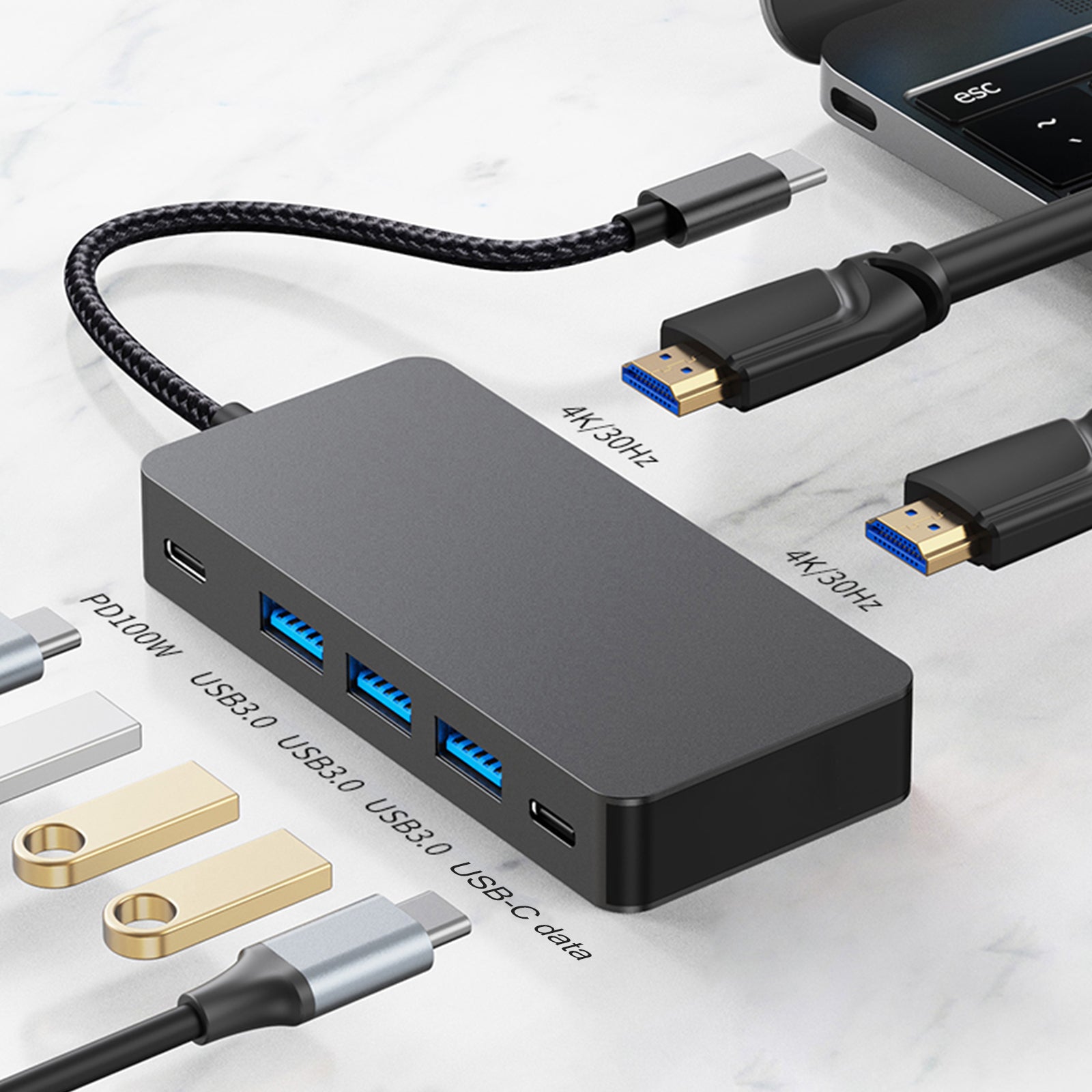 7 in 1 TYPE-C+USB3.0*3+HDMI*2+PD100W+USB-C Data Interface Hub Adapter Dock
