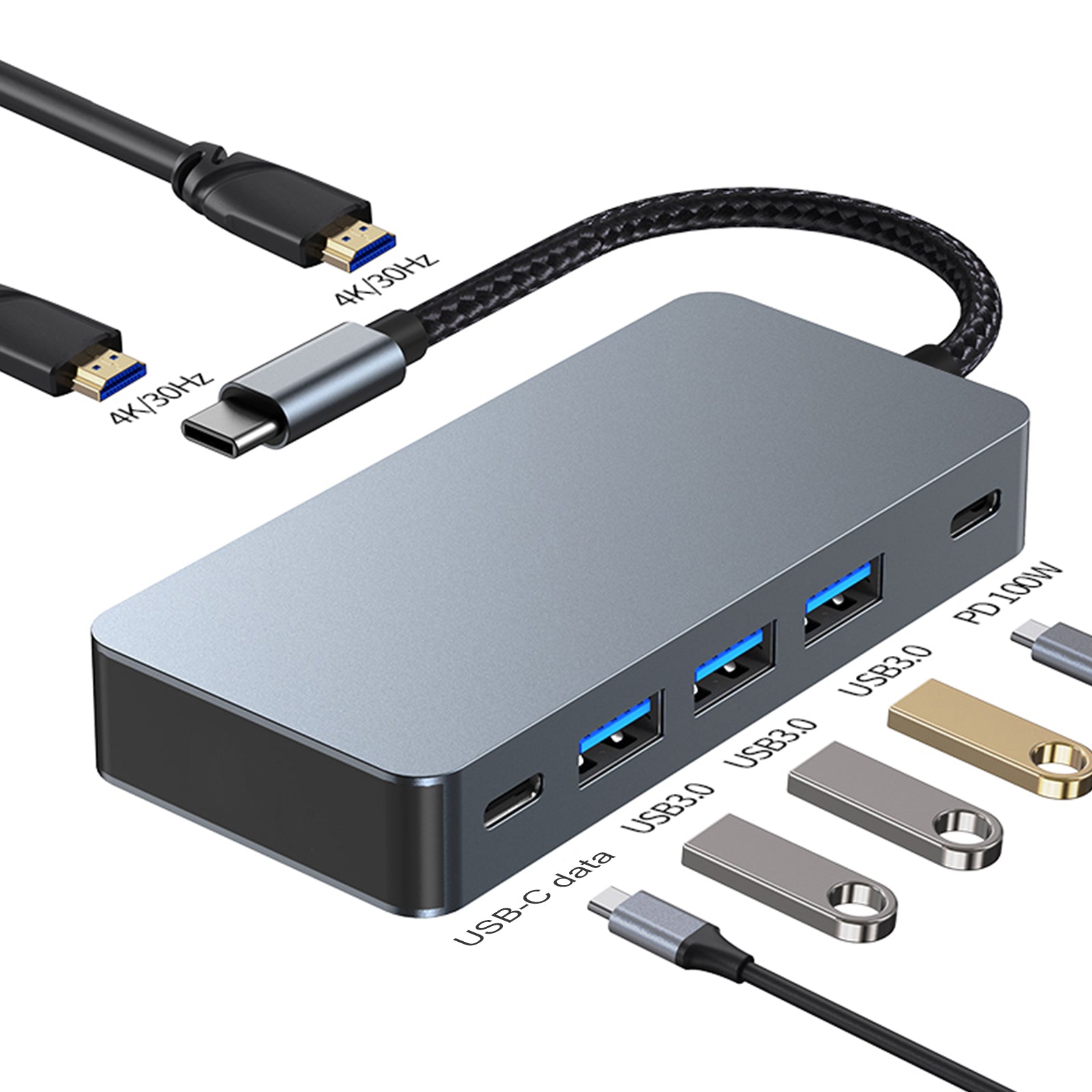 7 in 1 TYPE-C+USB3.0*3+HDMI*2+PD100W+USB-C Data Interface Hub Adapter Dock