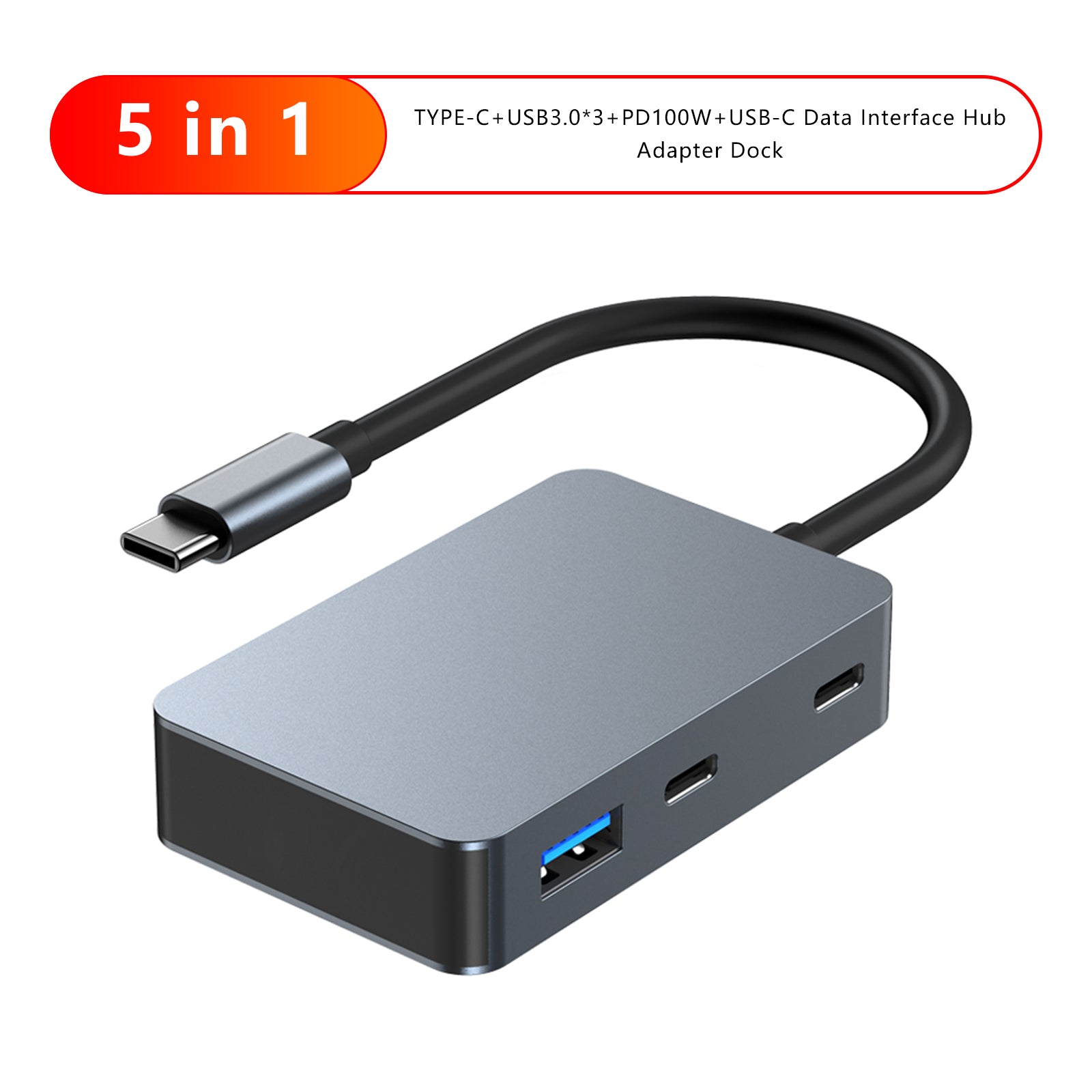 5 in 1 TYPE-C+USB3.0*3+PD100W+USB-C Data Interface Hub Adapter Dock for MacBook