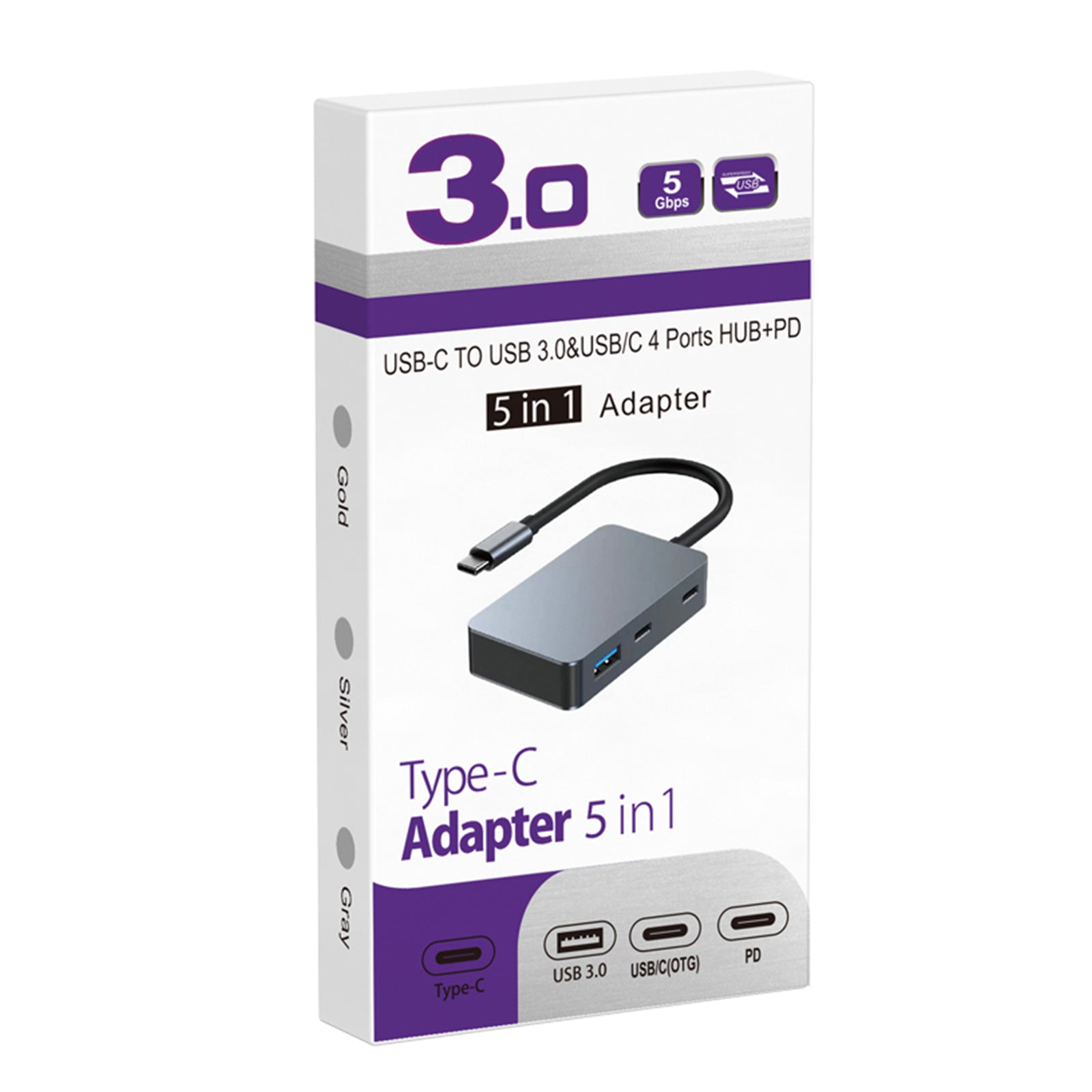 5 in 1 TYPE-C+USB3.0*3+PD100W+USB-C Data Interface Hub Adapter Dock for MacBook