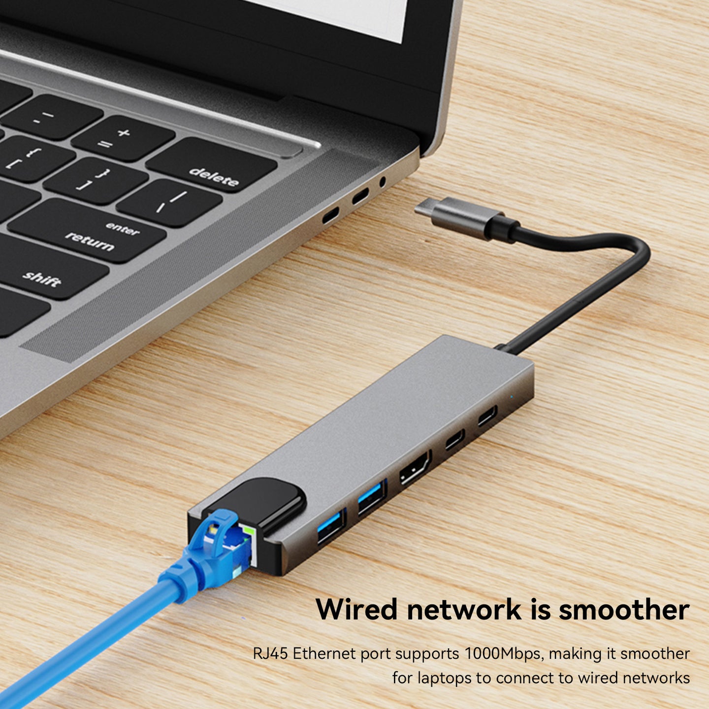 6 in 1 TYPE-C to HDMI+USB3.0+2.0+RJ45 100M+PD+Data Interface Hub Adapter Dock